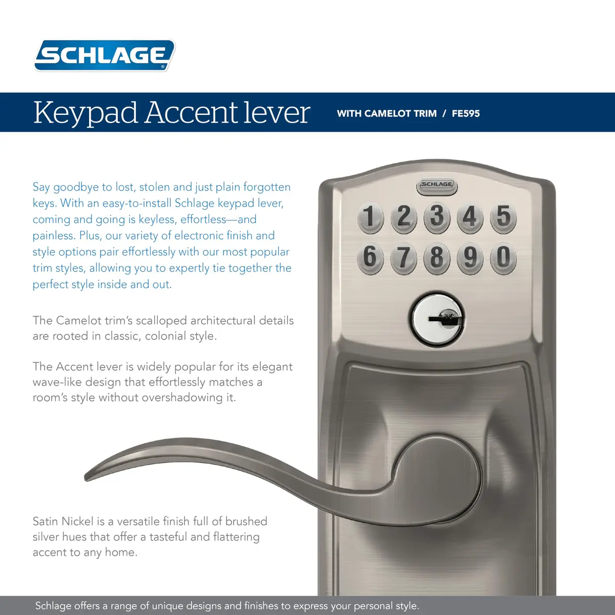 Schlage Electronic Keypad Lock, Camelot Lever Handle, Aged Bronze | Keyless Security for Homes & Offices - view 4