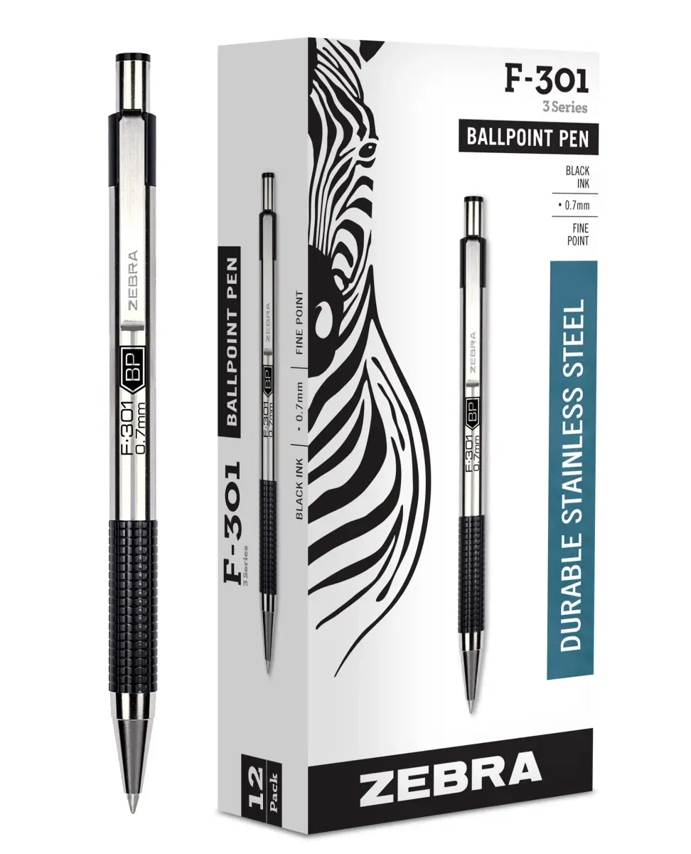 Zebra Pen F-301 Ballpoint Pen 0.7mm Fine Point, Black Ink, 12-Pack | Smooth Writing Instrument - main product image