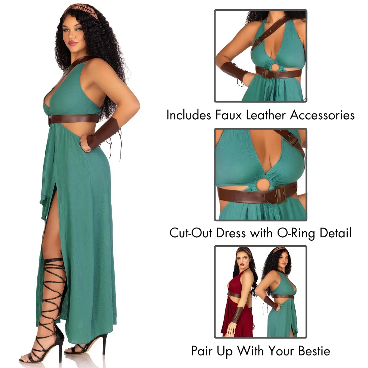 Leg Avenue Womens 4 PC Warrior Maiden Costume | Gauze Cut Out O-Ring Dress, Green, Large - view 2
