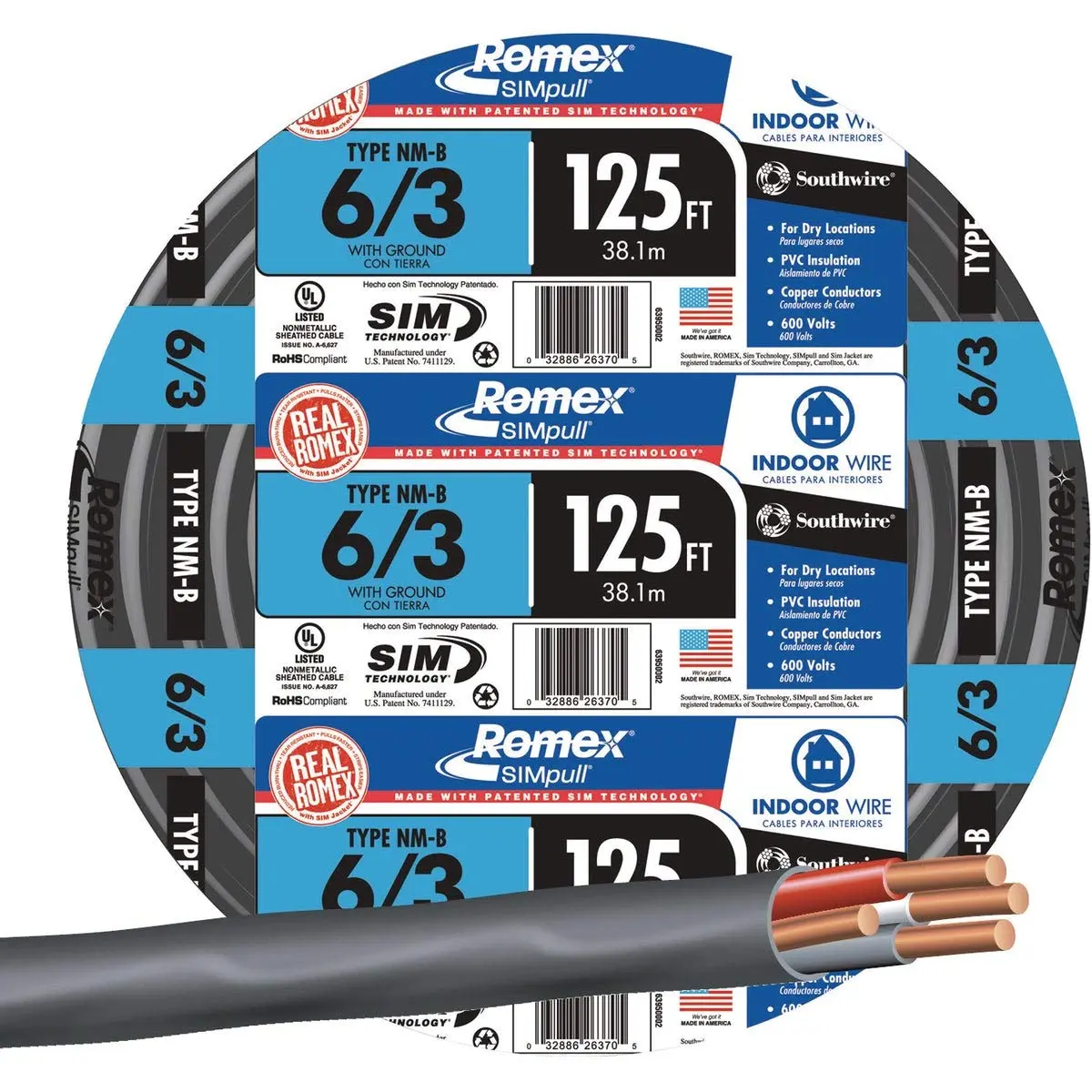 Southwire 63950002 125ft. 6 Gauge 3 Conductor NM-B Cable Black | Indoor Nonmetallic Sheathed Copper Wire - main product image