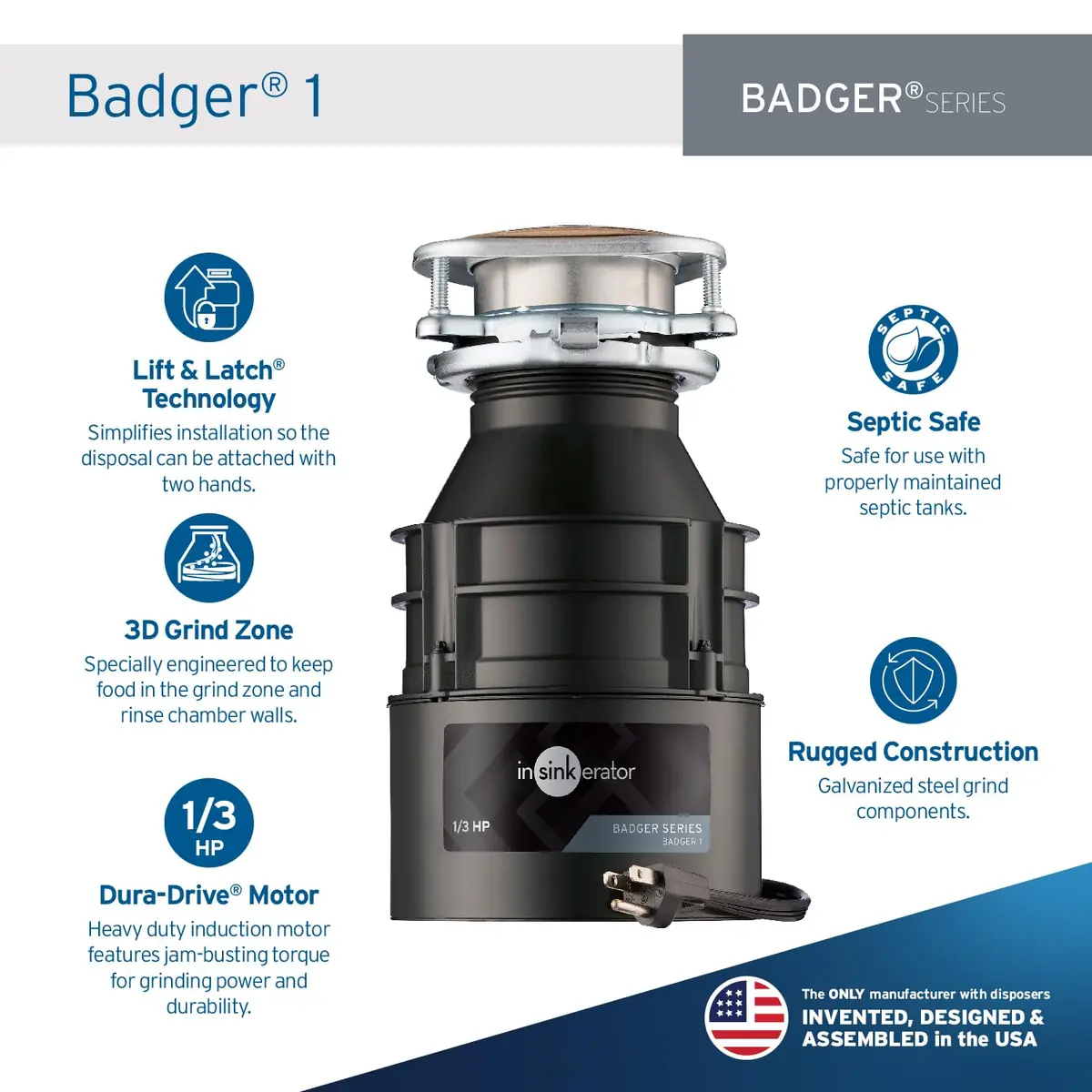 InSinkErator Badger 1 Garbage Disposal with Power Cord, Standard Series 1/3 HP Continuous Feed Food Waste Disposer, Badger 1 W/C - view 2