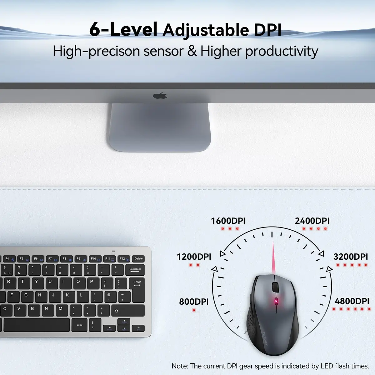 TECKNET Grey 2.4G Wireless Mouse, 4800 DPI Optical Ergonomic Computer Mouse with 6 Buttons & Silent Click | 75g (2.65 oz) - view 2