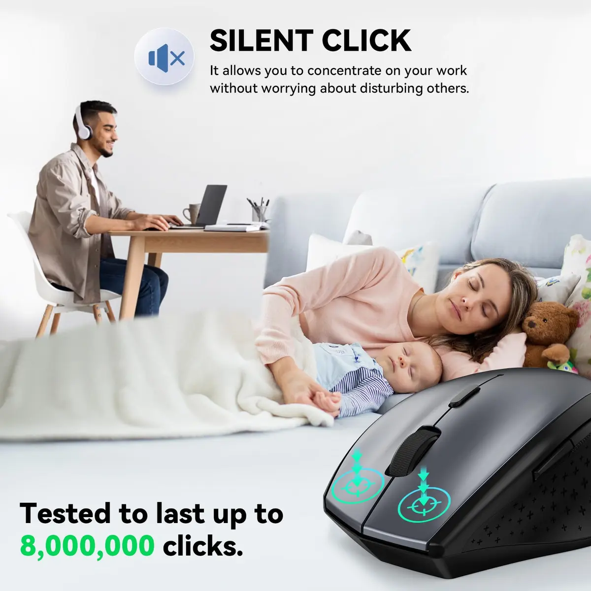 TECKNET Grey 2.4G Wireless Mouse, 4800 DPI Optical Ergonomic Computer Mouse with 6 Buttons & Silent Click | 75g (2.65 oz) - view 3