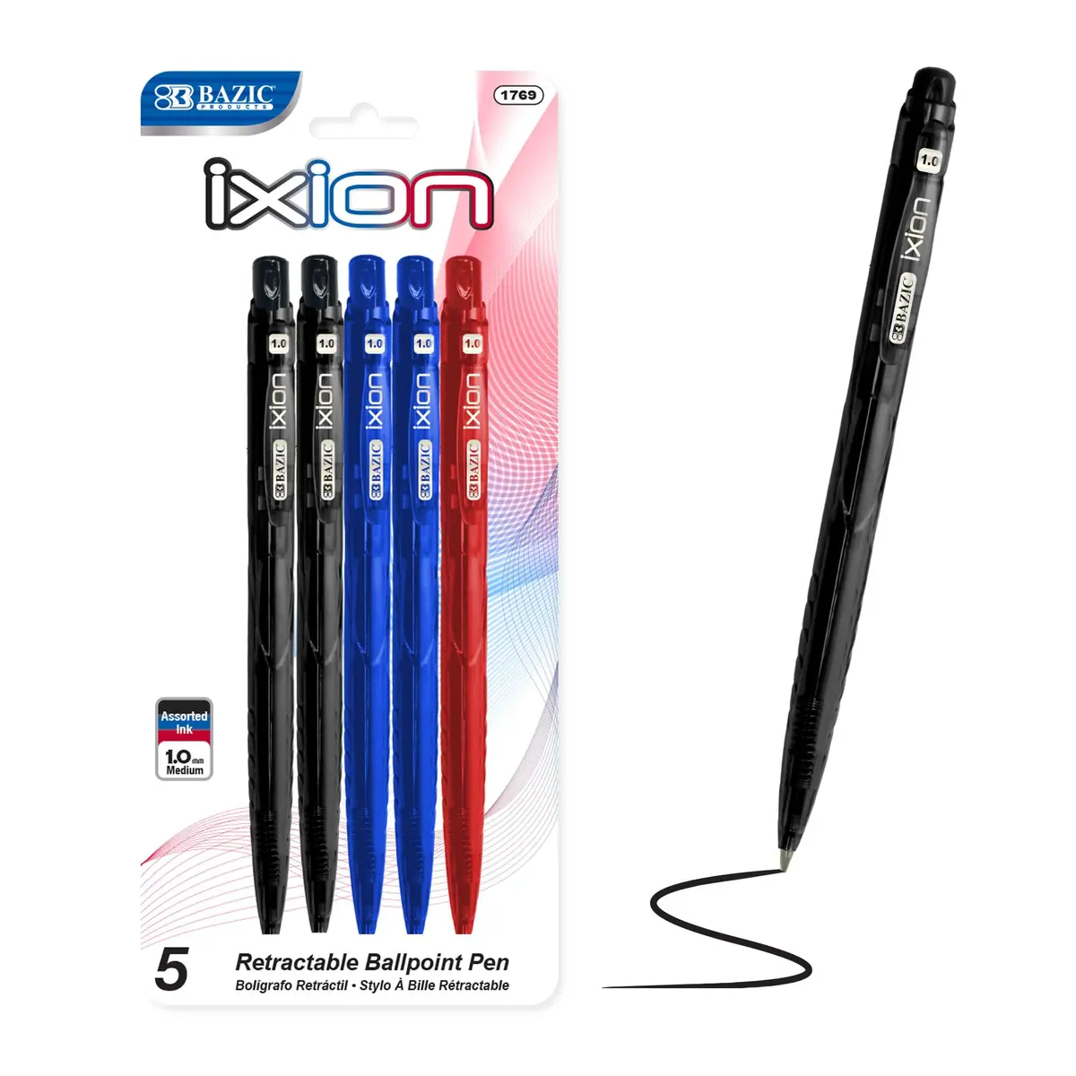BAZIC PRODUCTS Ixion Assorted Color Retractable Pen (5/Pack) | Smooth ink flow, Refillable, 1.0 mm point, Assorted colors, Office & School use - main product image