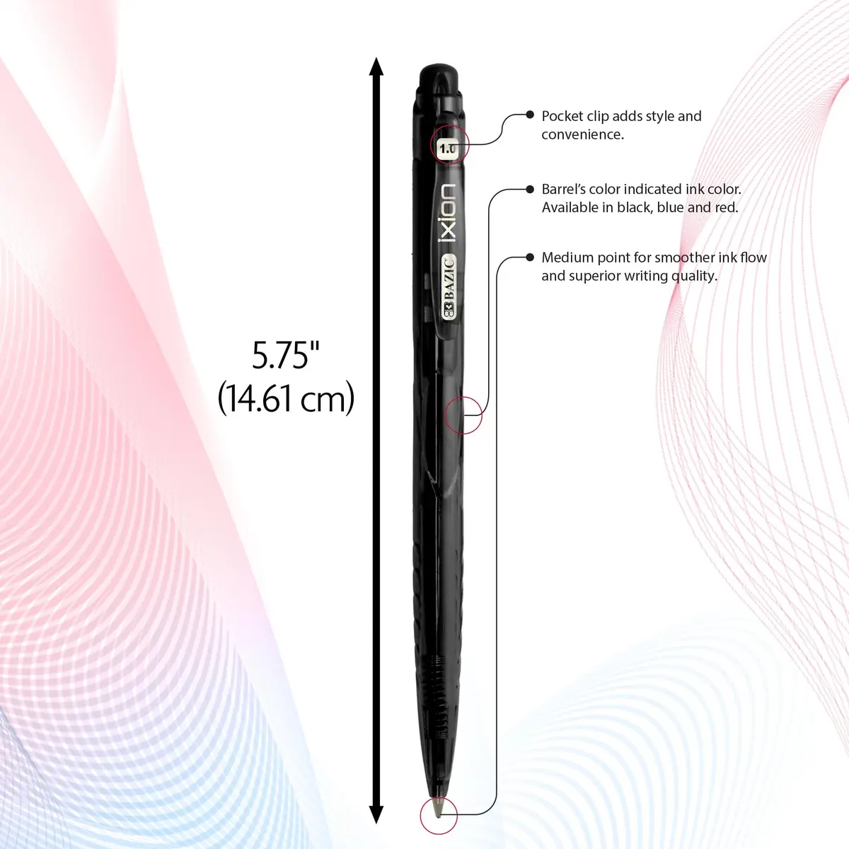 BAZIC PRODUCTS Ixion Assorted Color Retractable Pen (5/Pack) | Smooth ink flow, Refillable, 1.0 mm point, Assorted colors, Office & School use - view 2