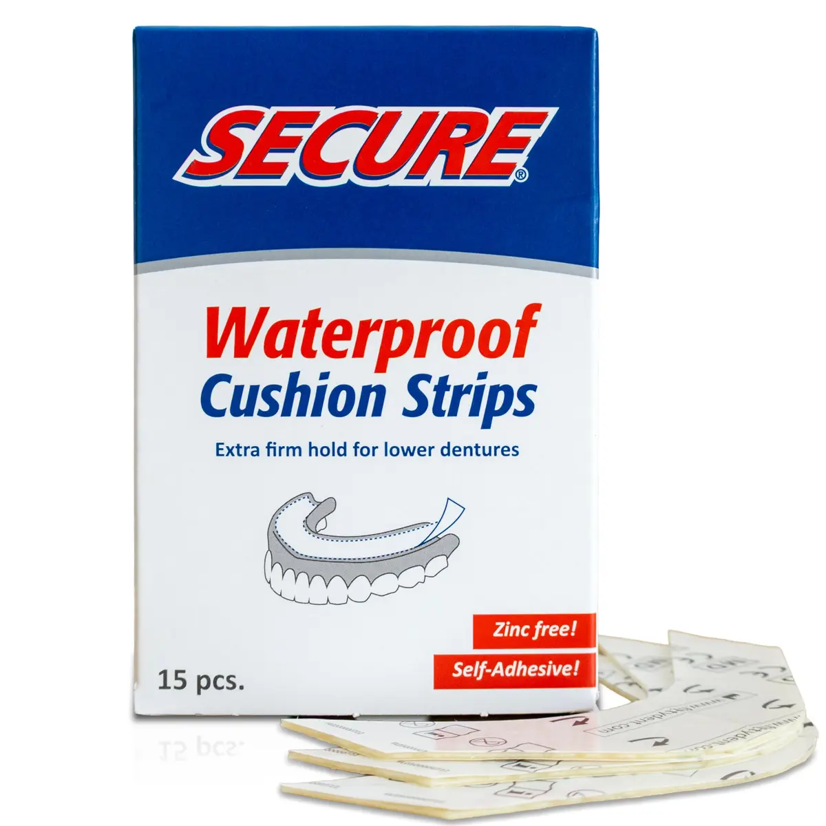 Secure Denture Adhesive Strips for Lowers, Zinc Free, 60 Strips | All-Day Firm Hold & Comfort - main product image