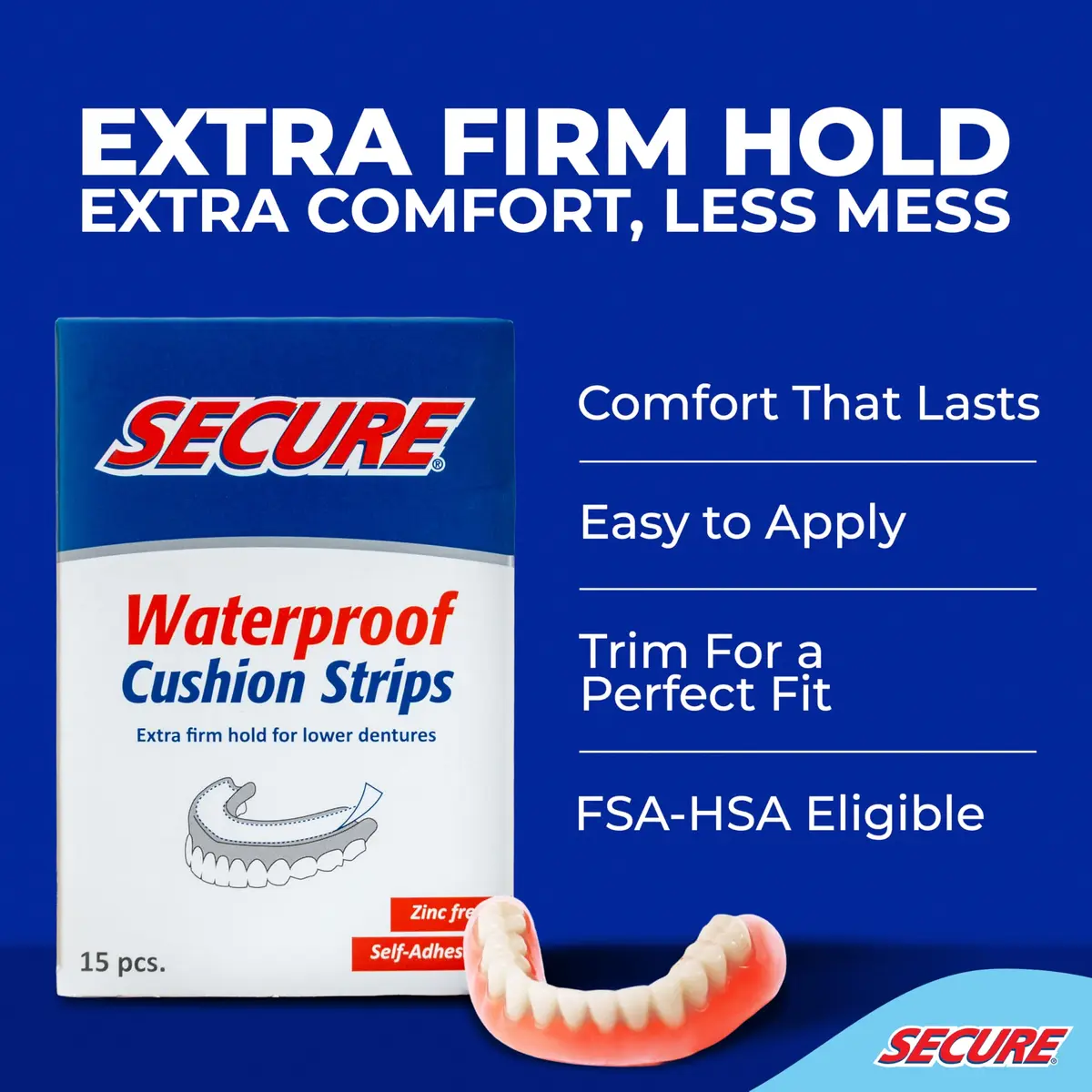 Secure Denture Adhesive Strips for Lowers, Zinc Free, 60 Strips | All-Day Firm Hold & Comfort - view 2
