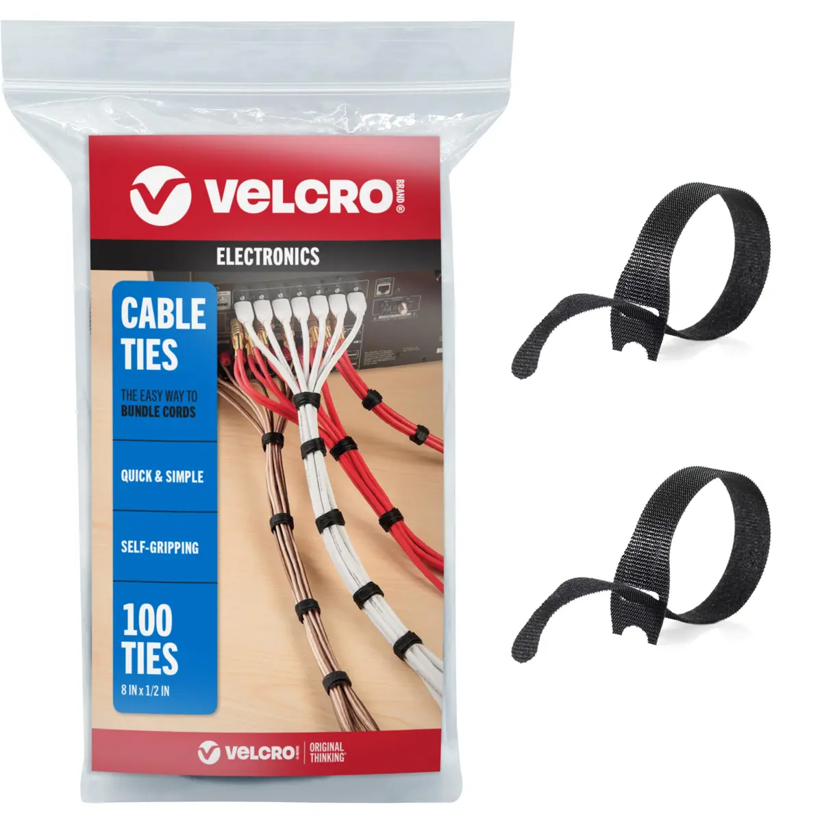 VELCRO Brand ONE-WRAP Cable Ties, 8in x 1/2in (20.3cm x 1.27cm), Black, 100 Pack | Reusable Cord Management Straps for Home & Office - main product image