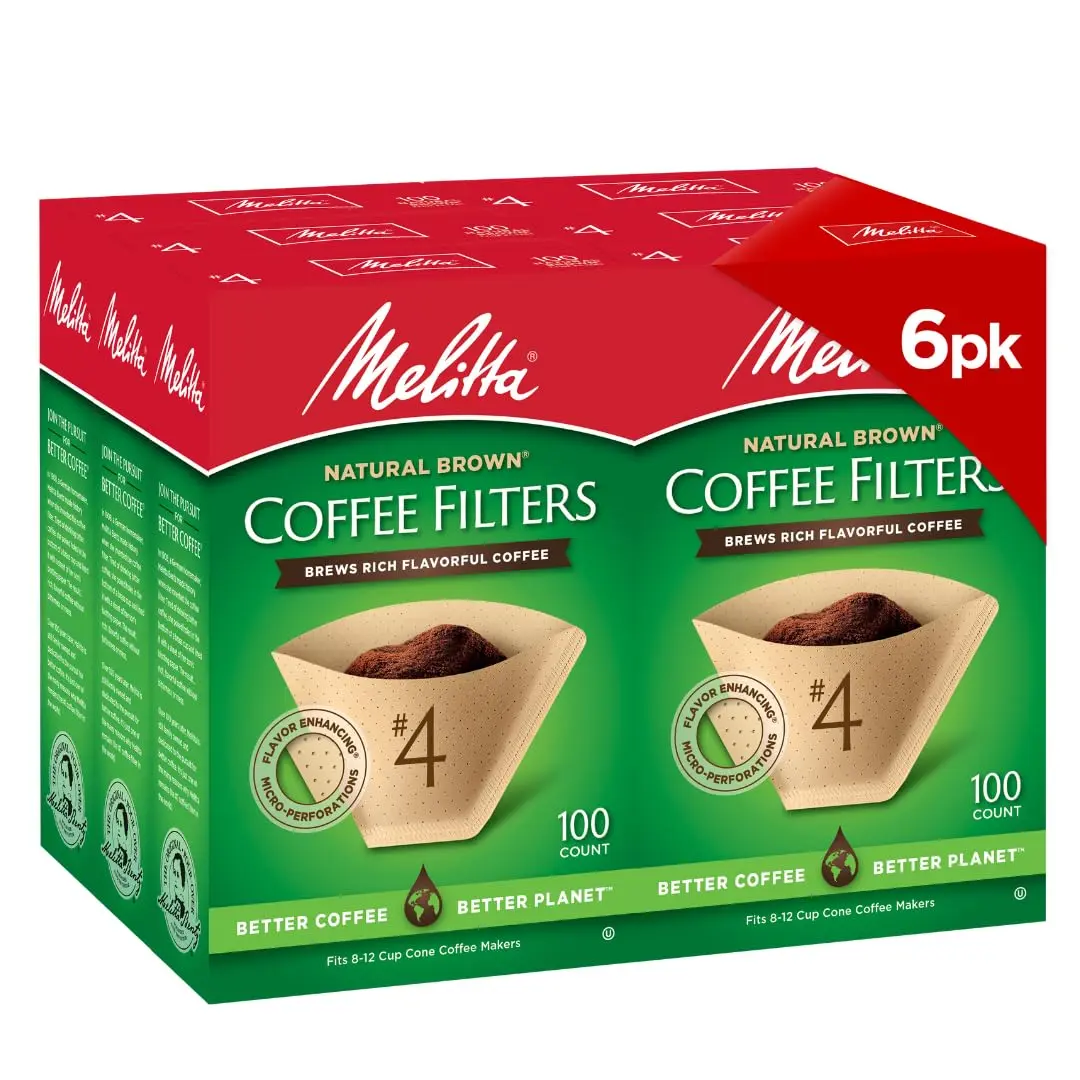 Melitta #4 Unbleached Coffee Filters, Natural Brown Cone Filters, 100 Count (Pack of 6) | Flavor-Enhancing Microfine Perforations - main product image