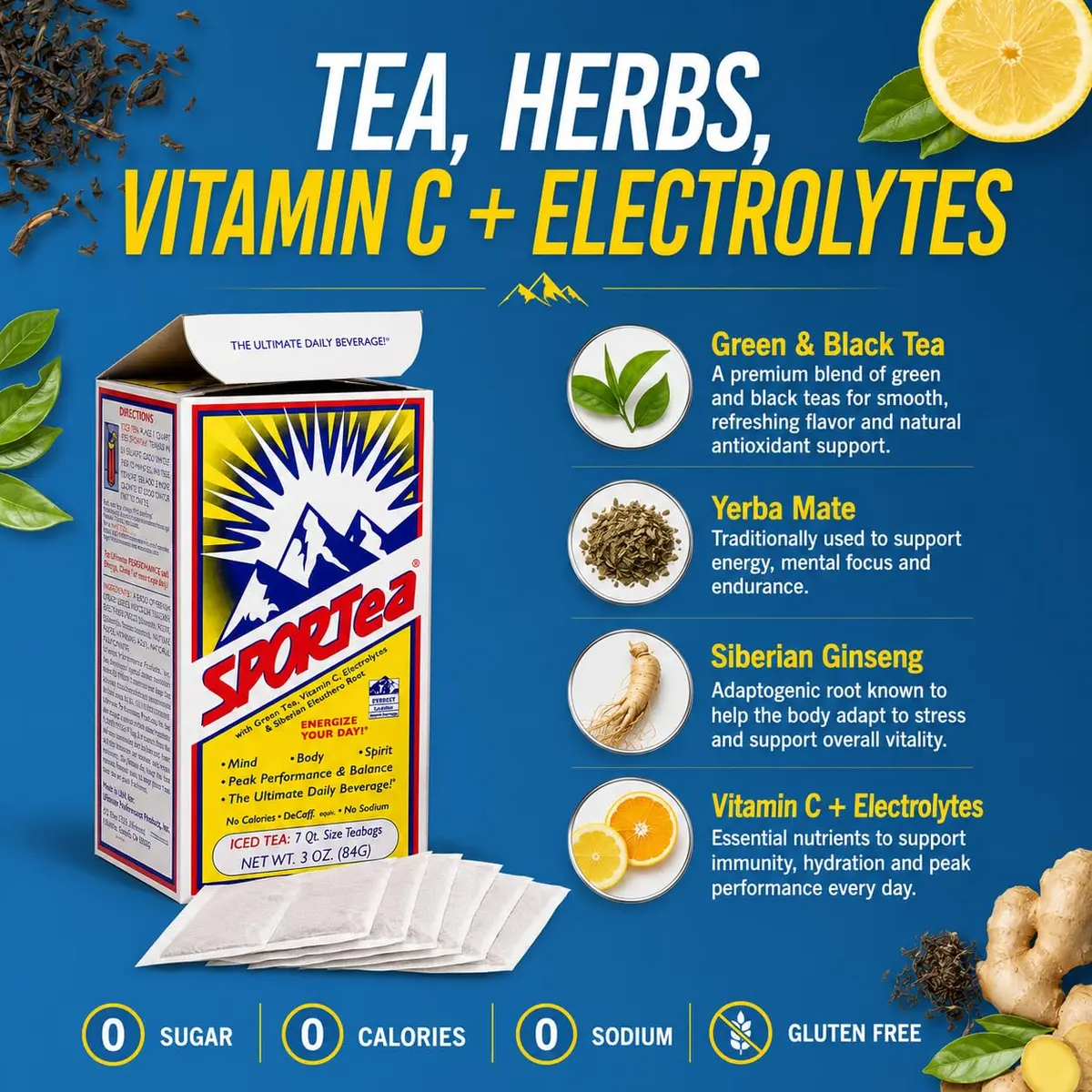 SPORTEA Iced | Natural Decaf Energy Drink with Green & Black Tea, Vitamins, Minerals, Electrolytes, Yerba Mate & Siberian Ginseng | 7 Cold Brew Tea Bags | Healthy & Easy to Brew | 4 Pack - view 5