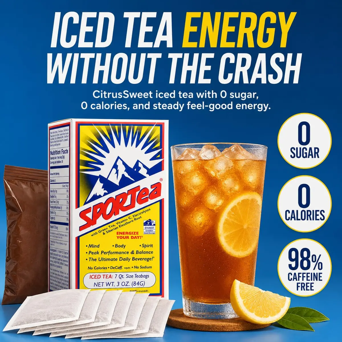 SPORTEA Iced | Natural Decaf Energy Drink with Green & Black Tea, Vitamins, Minerals, Electrolytes, Yerba Mate & Siberian Ginseng | 7 Cold Brew Tea Bags | Healthy & Easy to Brew | 4 Pack - view 4