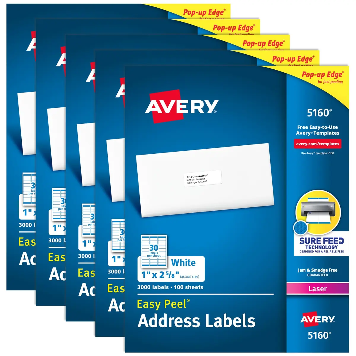 Avery Printable Address Labels with Sure Feed, 1" x 2-5/8" White Labels, 15,000 Labels (5 Packs of 3,000) | Customizable Stickers for Mailing & Shipping - main product image