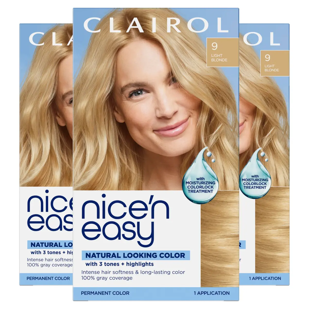 Clairol Nice'n Easy Permanent Hair Dye 9 Light Blonde Pack of 3 | Natural Looking Color with 100% Gray Coverage - main product image