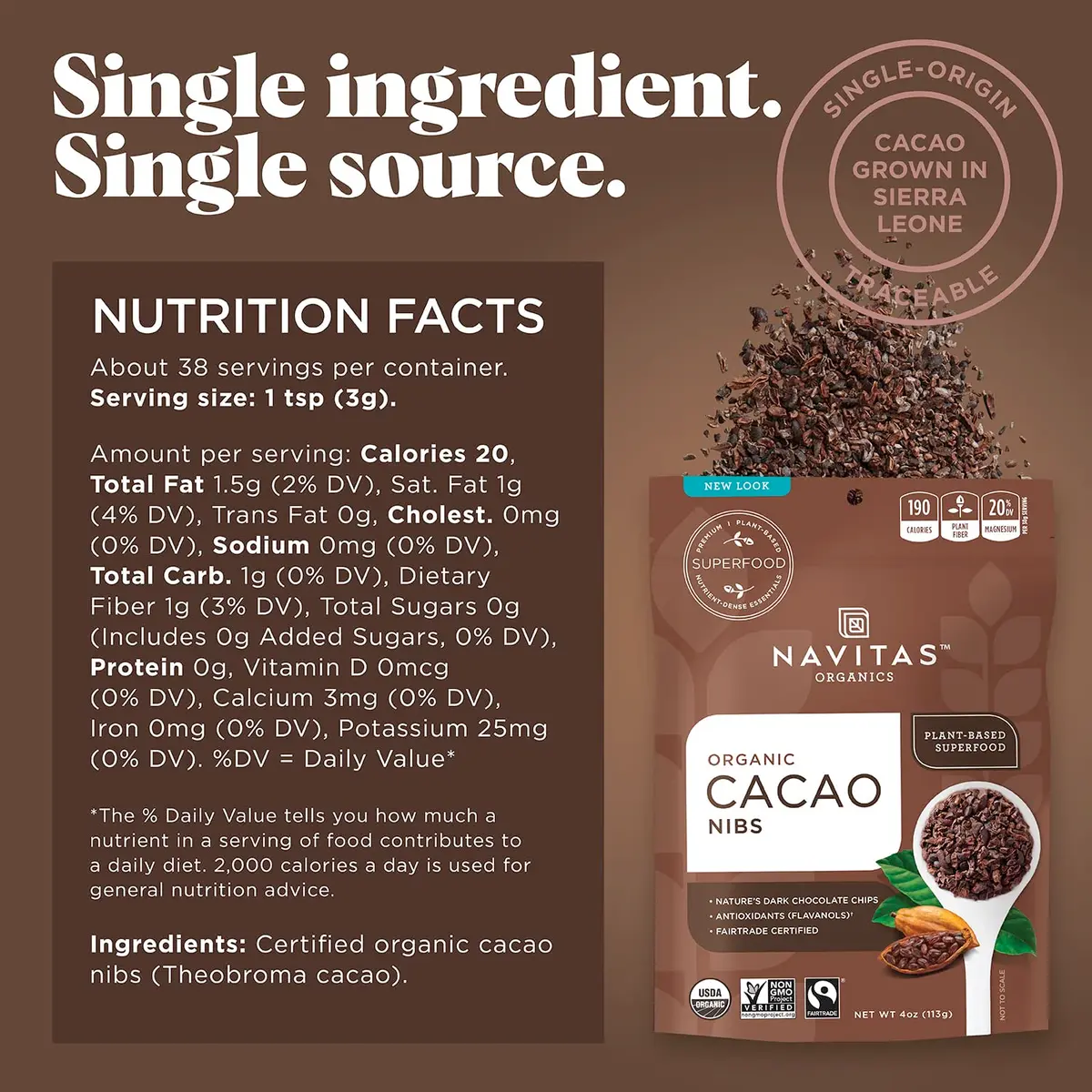 Navitas Organics Cacao Nibs – Unsweetened Dark Chocolate Crunch | USDA Organic, Fairtrade, Non-GMO (4oz, 38 Servings) - view 2