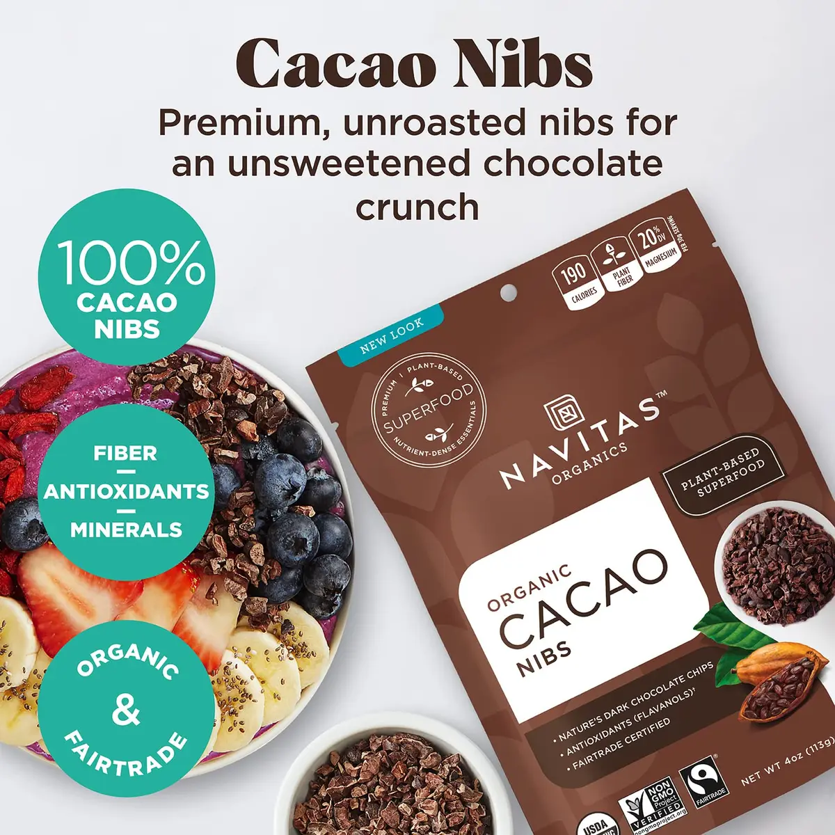 Navitas Organics Cacao Nibs – Unsweetened Dark Chocolate Crunch | USDA Organic, Fairtrade, Non-GMO (4oz, 38 Servings) - view 3