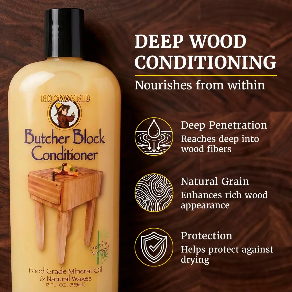 Howard Butcher Block Conditioner & Food Grade Mineral Oil 12 Fl Oz | Revitalizes & Protects Wooden Kitchenware - view 4