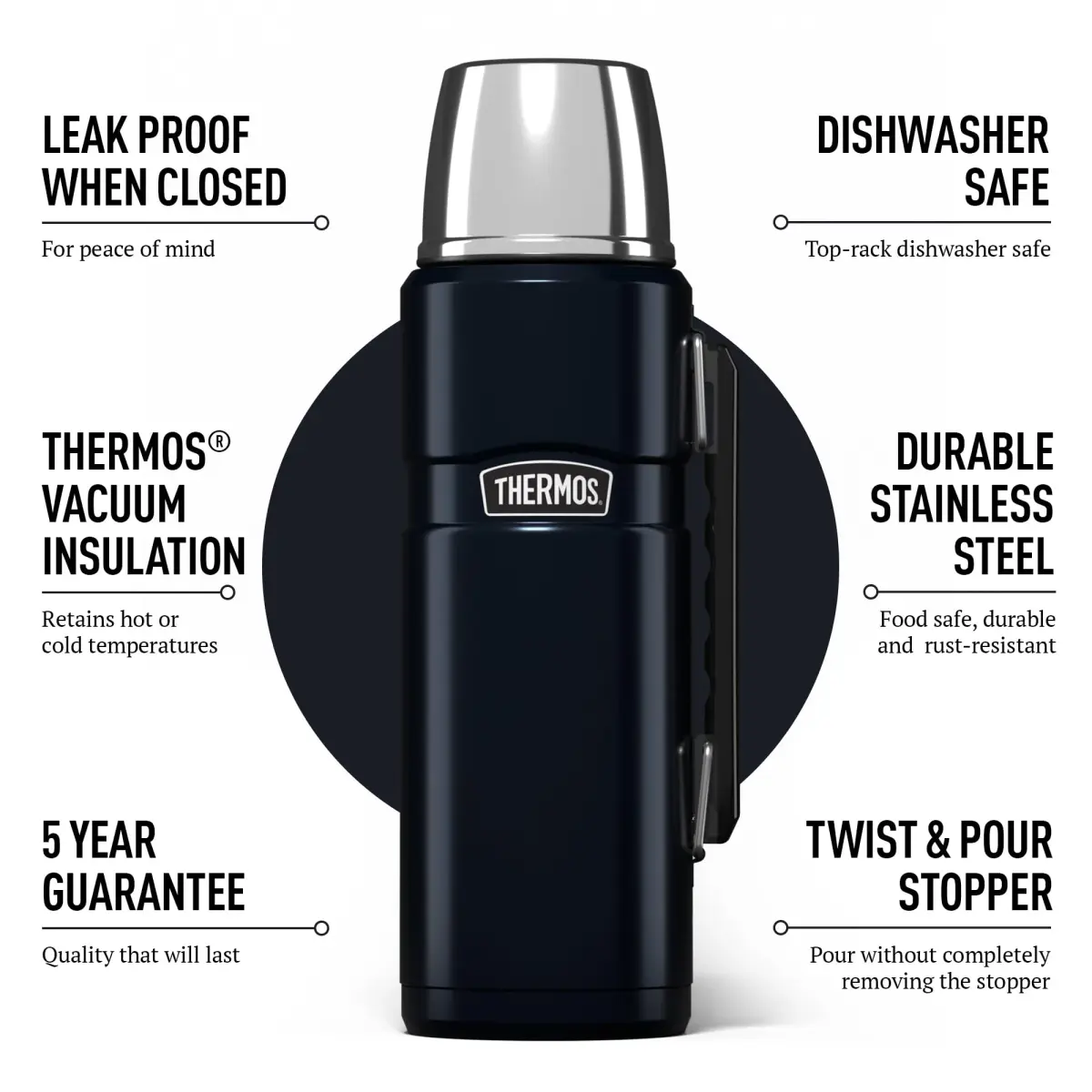 Thermos Stainless King Midnight Blue Travel Flask 1.2L (40.6 Oz) | Keeps Hot 24 Hrs, Cold 24 Hrs - view 3