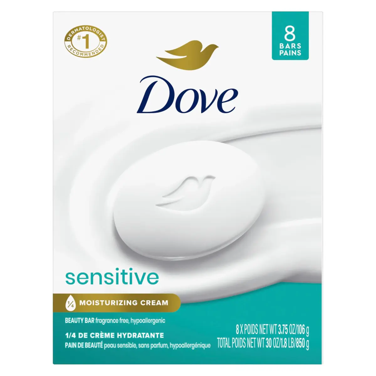 Dove Sensitive Skin Beauty Bar Soap 8 Bars, 3.75 oz Each | Fragrance-Free, Hypoallergenic, Dermatologist Recommended - main product image