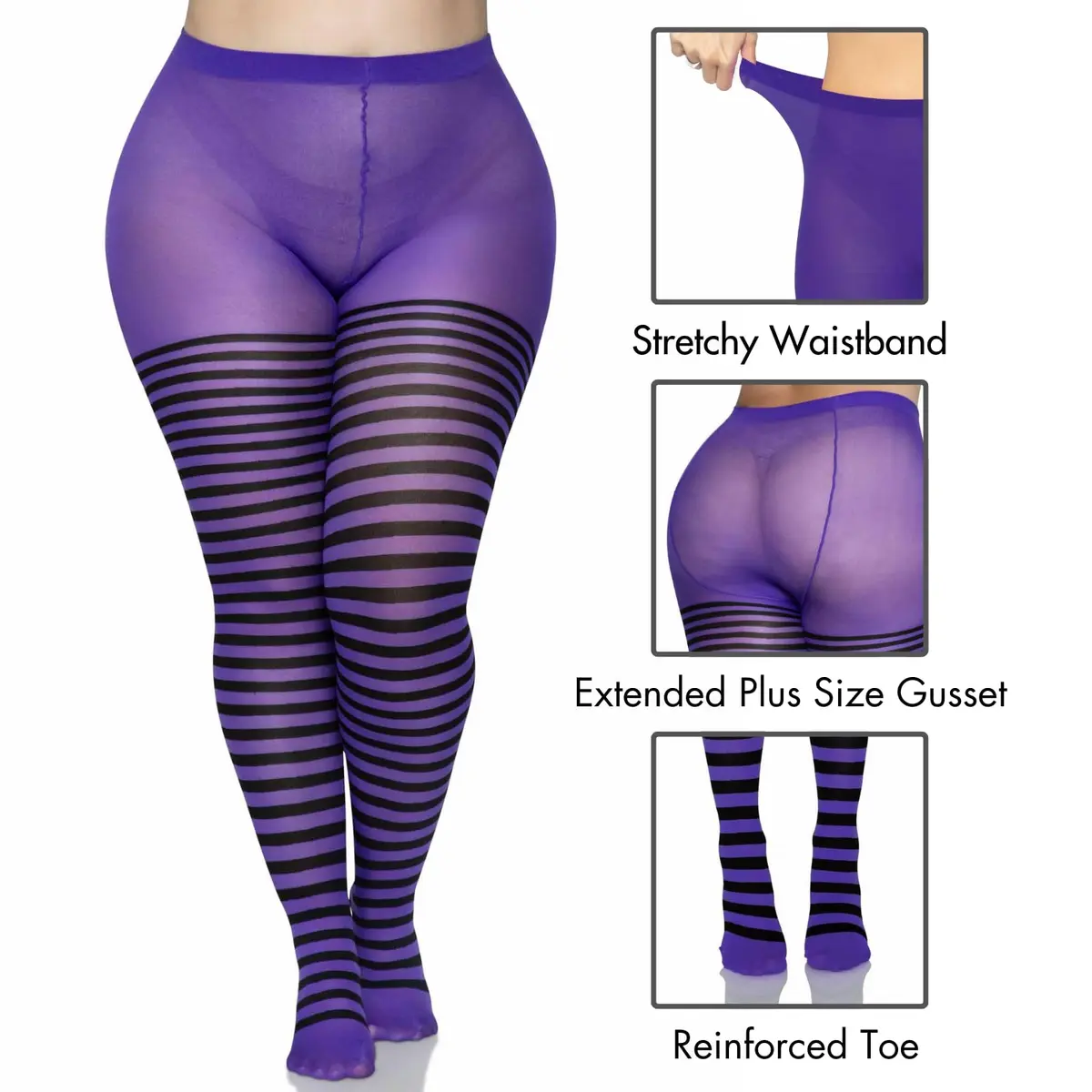 Leg Avenue Women's Nylon Striped Tights 3X-4X | Plus Size, Black/Purple, Nylon Pattern - view 5