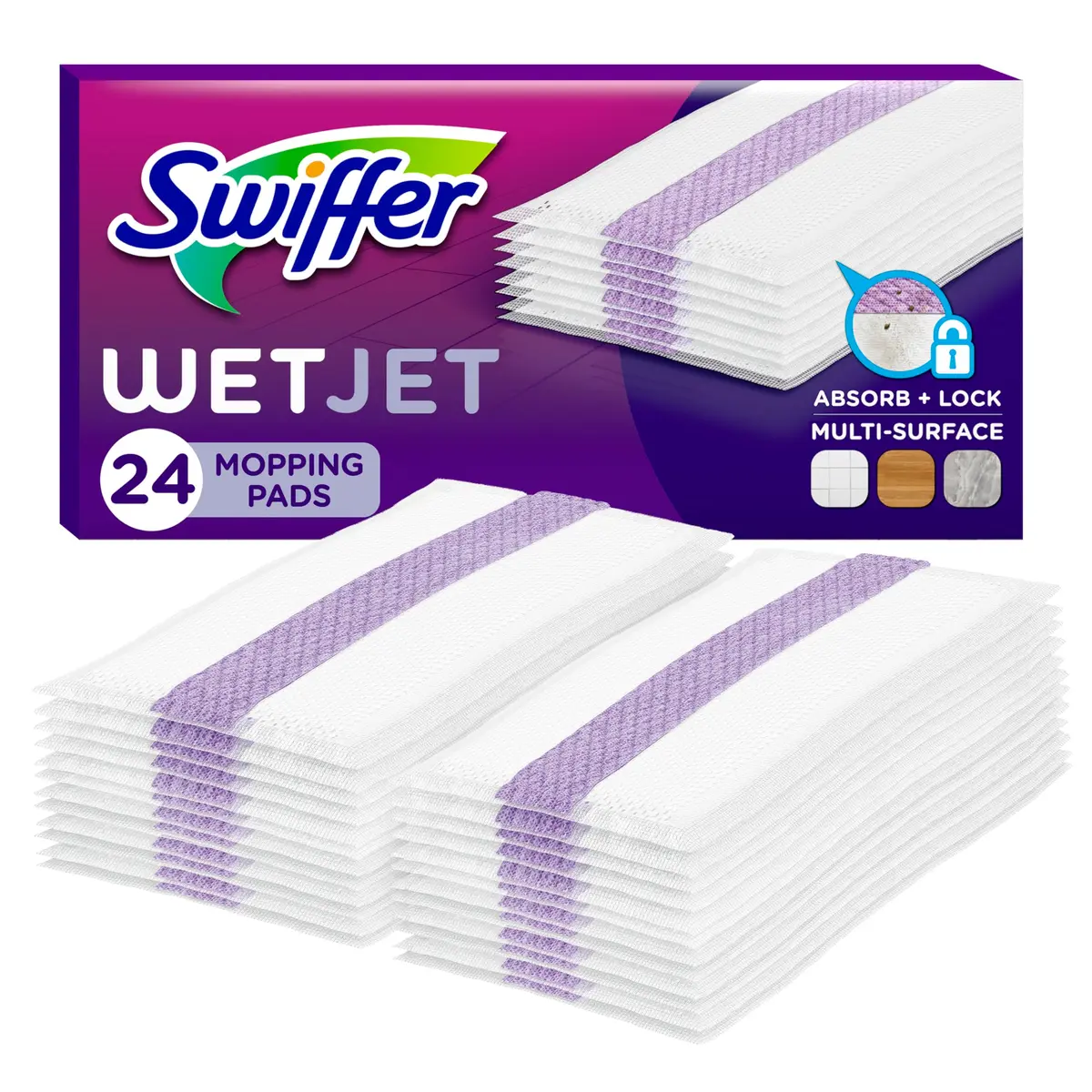 Swiffer WetJet Hardwood Floor Cleaner Spray Mop Pad Refill 24 Count | Absorb + Lock Strip for Efficient Cleaning - main product image