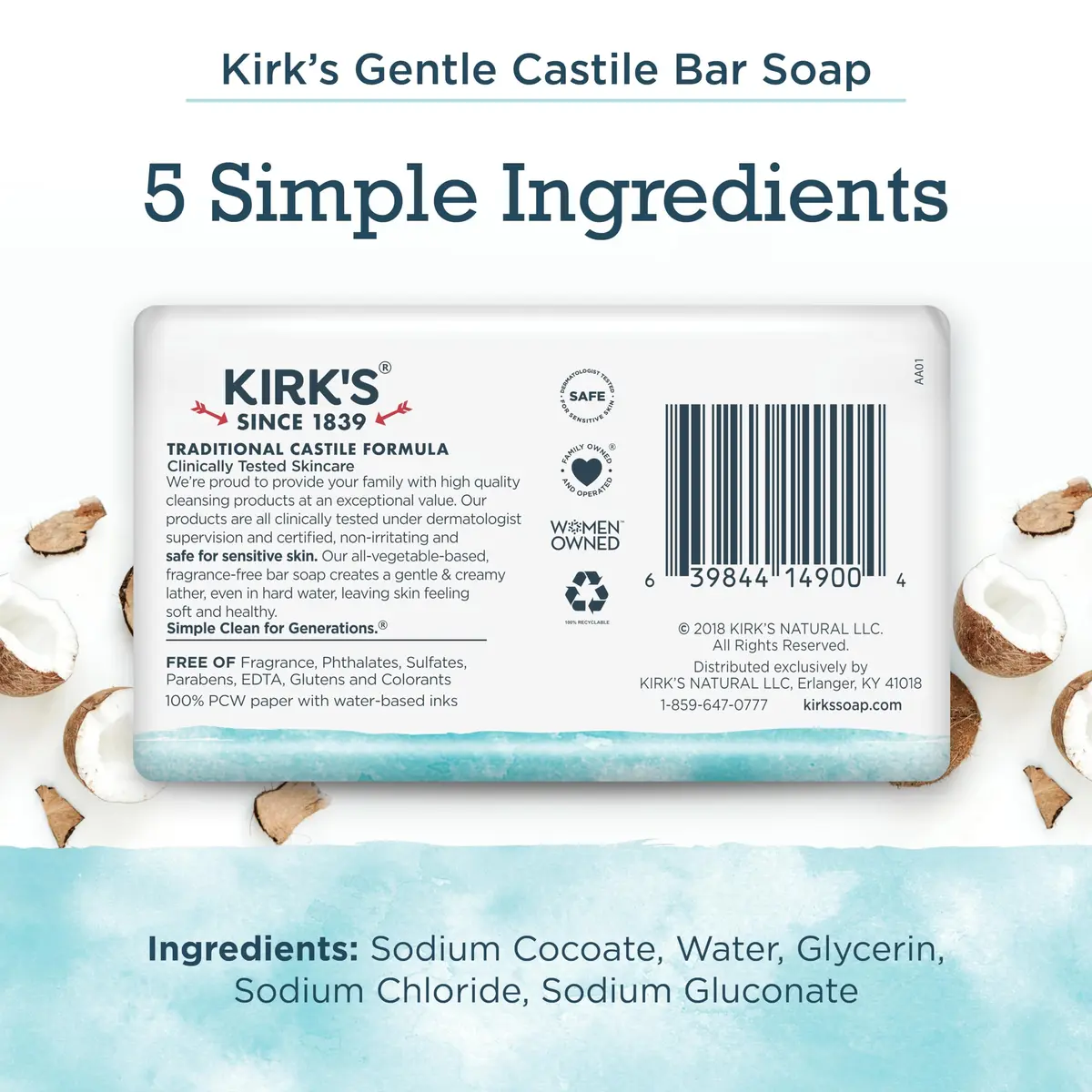 Kirk's Coconut Castile Bar Soap 4 oz | Sensitive Skin Vegan Unscented - view 2