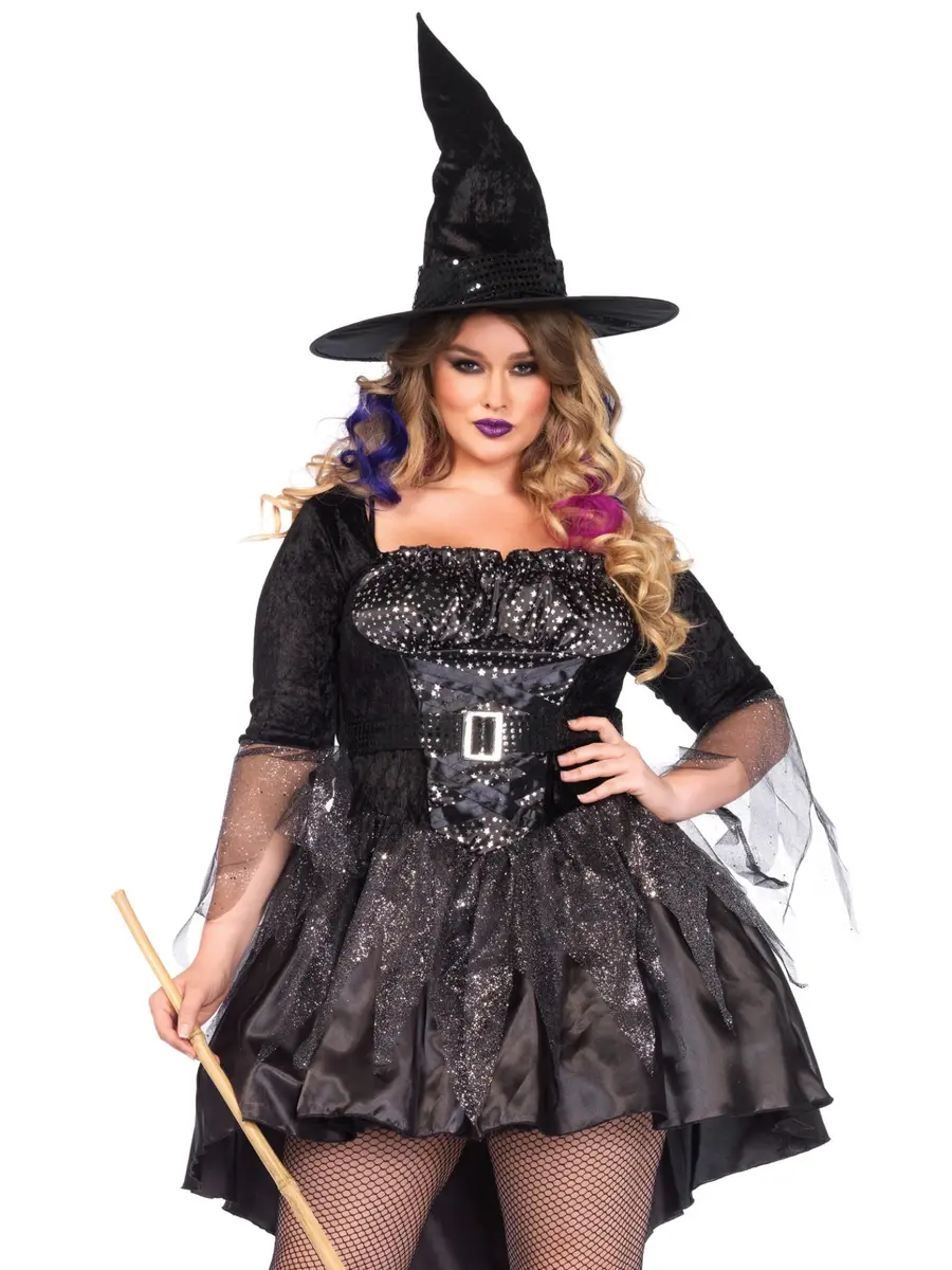 Leg Avenue Plus Size Black Magic Witch Costume 1X-2X | Tattered Glitter Tulle & Foil Star Bodice (70-120 chars) - main product image