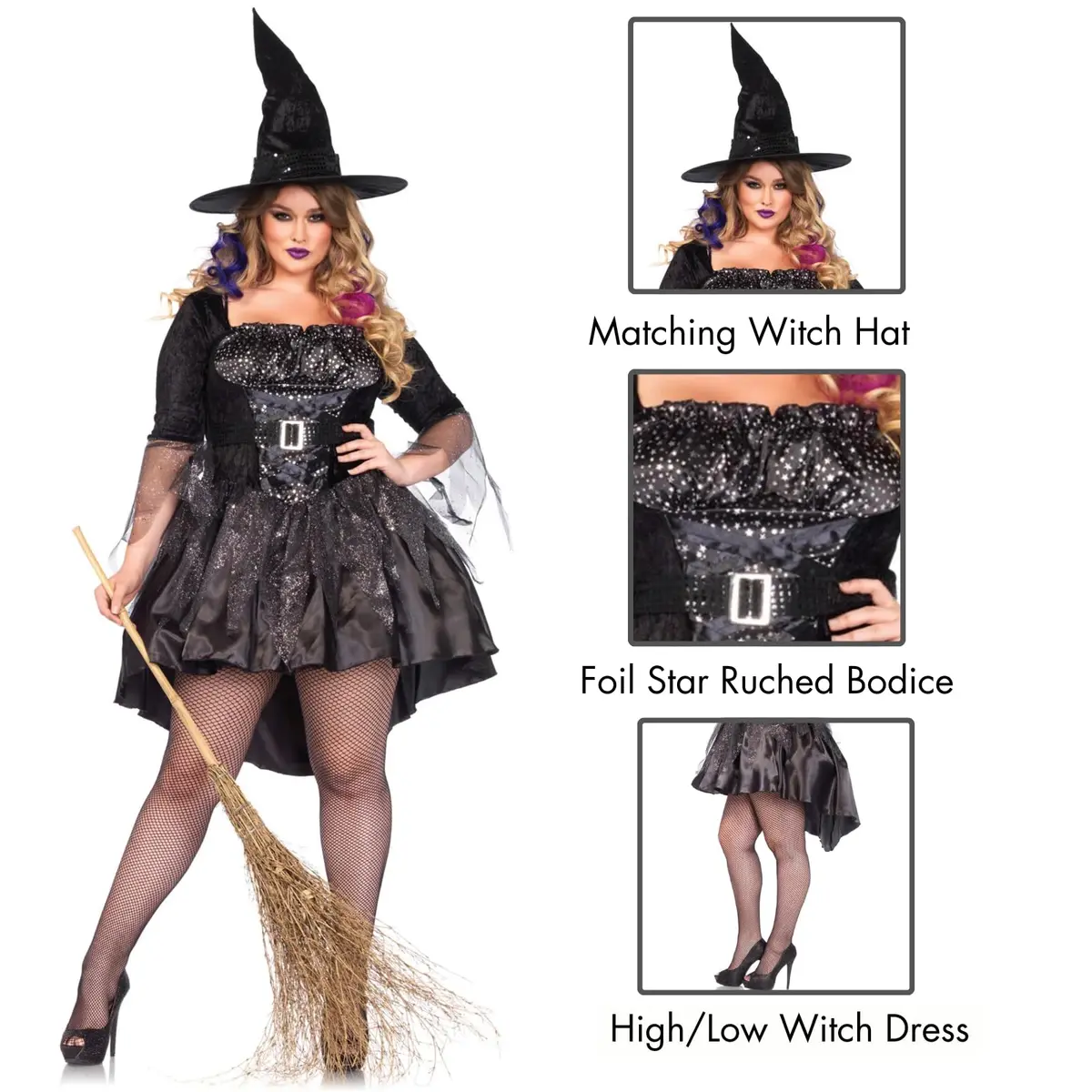 Leg Avenue Plus Size Black Magic Witch Costume 1X-2X | Tattered Glitter Tulle & Foil Star Bodice (70-120 chars) - view 2