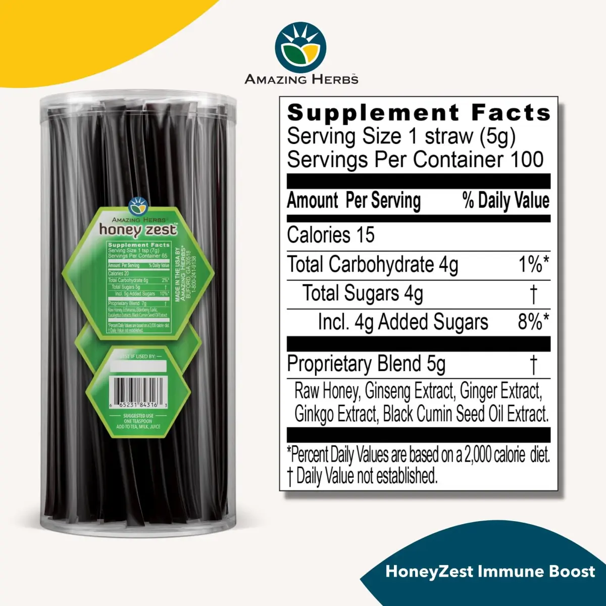 Amazing Herbs Natural Honey Sticks with Black Seed Oil, Echinacea & Elderberry | 100 Count Jar (17g/stick) - view 2
