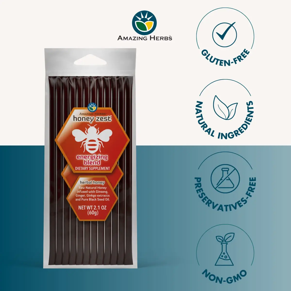 Amazing Herbs Natural Honey Sticks with Black Seed Oil, Ginseng & Ginger 12 Count (5g Each) | Gluten-Free Dietary Supplement - view 4