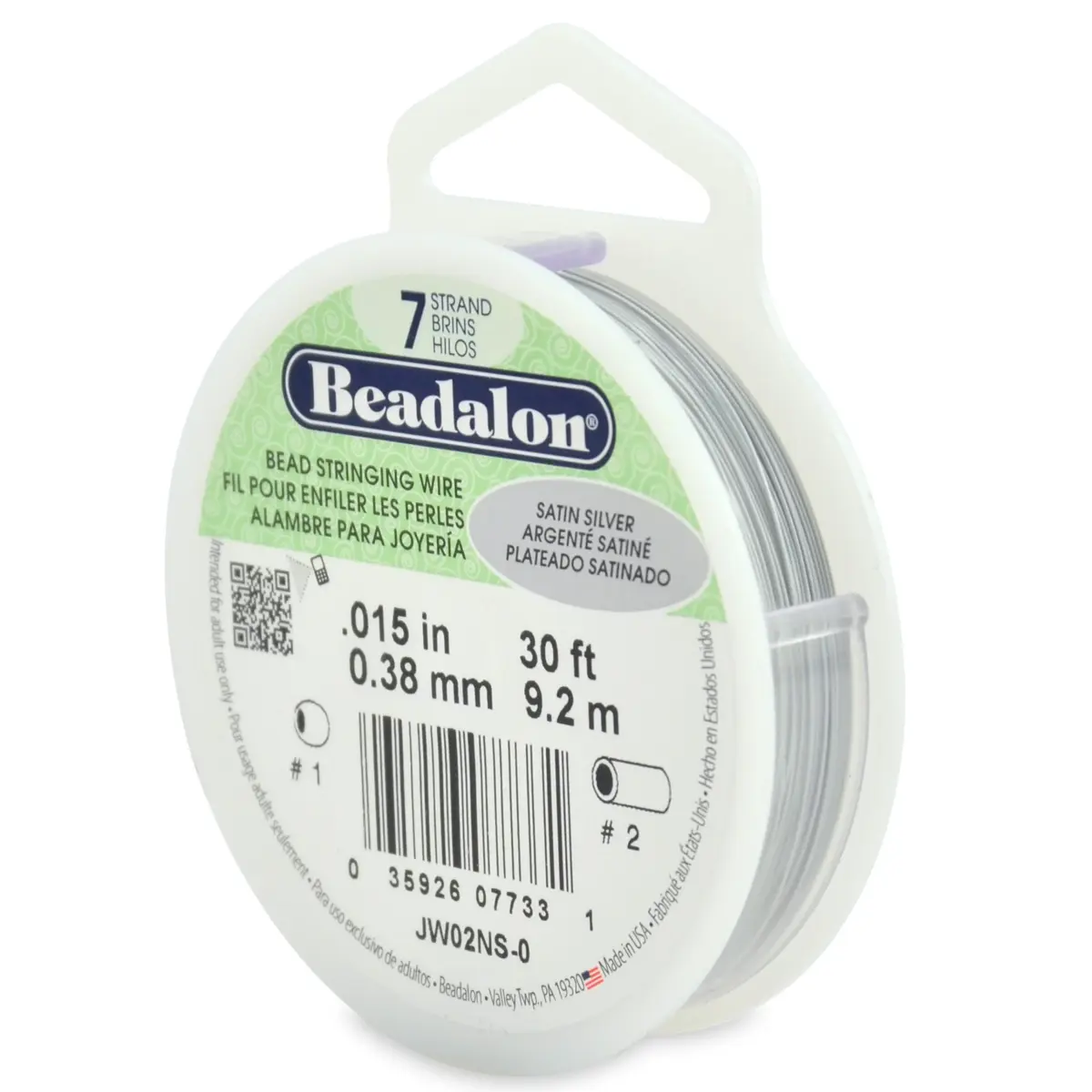 Beadalon 7-Strand Stainless Steel Beading Wire - 0.38 mm Satin Silver, 30 ft - main product image