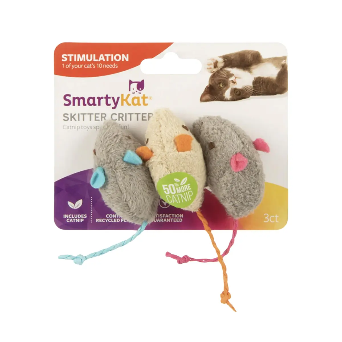 SmartyKat Skitter Critters Catnip Cat Toys - Gray/Cream, 3 Count | Catnip-Filled Mice for Play & Exercise - main product image