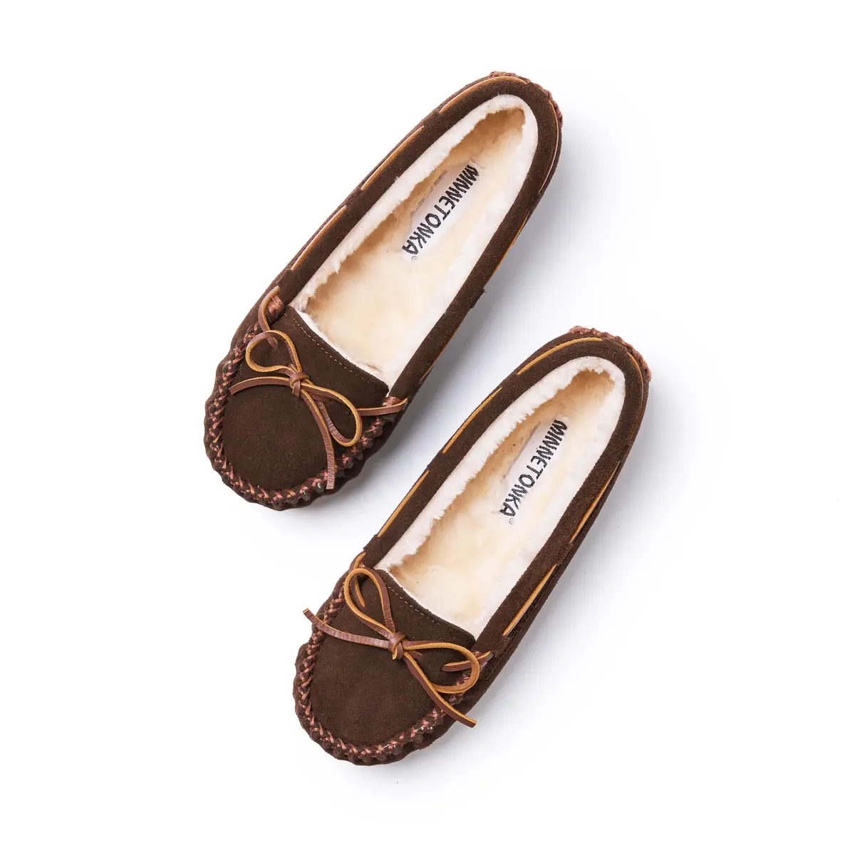Minnetonka Cally Moccasin Slipper, Size 9 | Classic Brown Suede, Faux Fur Lining, Indoor Comfort - view 2