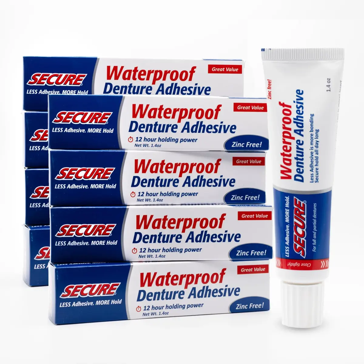 Secure Denture Adhesive Cream 11.2 oz (8 x 1.4 oz Tubes) | Waterproof Seal, Zinc-Free, Food Grade Ingredients - main product image