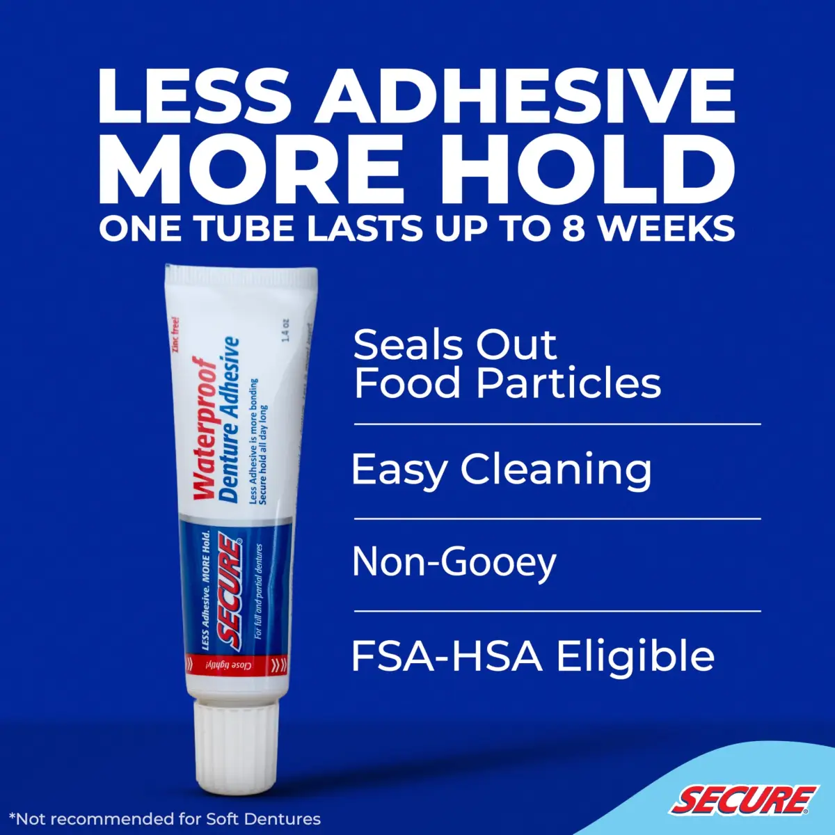 Secure Denture Adhesive Cream 11.2 oz (8 x 1.4 oz Tubes) | Waterproof Seal, Zinc-Free, Food Grade Ingredients - view 2