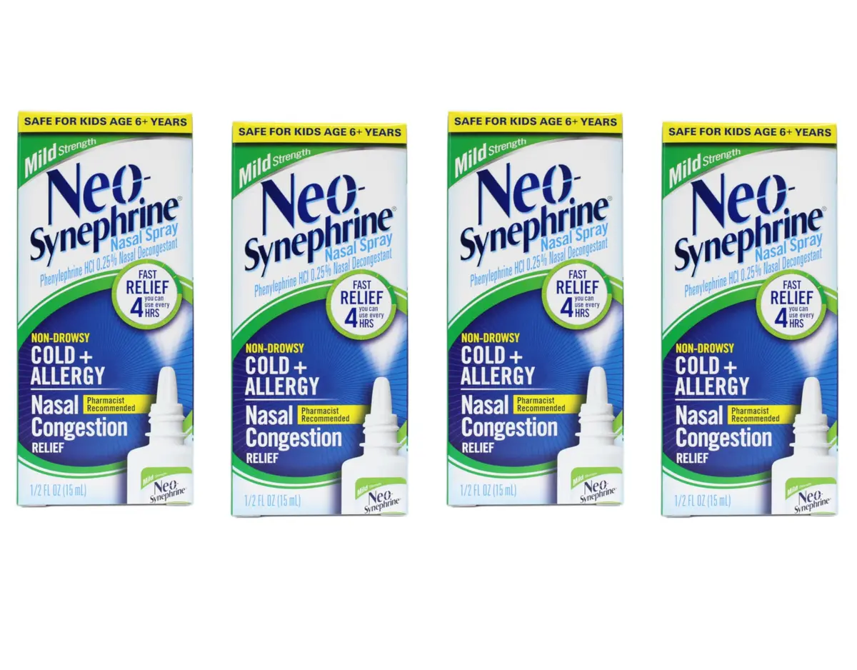 Neo-Synephrine Nasal Spray 15 mL | Phenylephrine 0.25% Fast Relief for Cold & Allergy (Pack of 4) - main product image