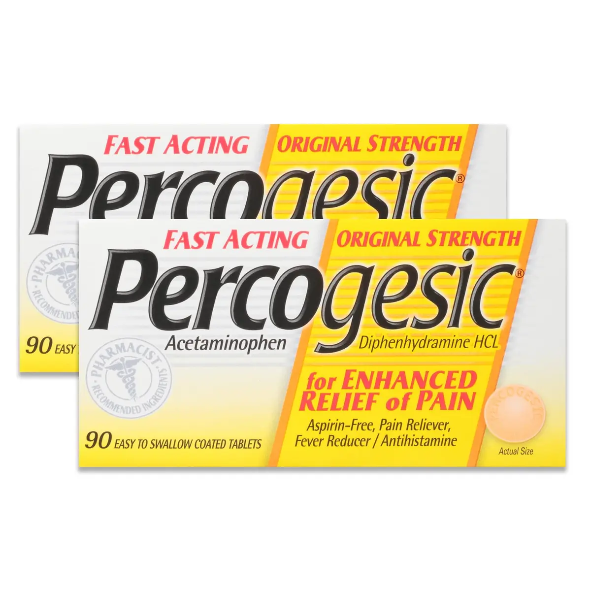 Percogesic Original Pain Relief 90 Coated Caplets | Aspirin-Free Fast Acting Relief for Headaches & Arthritis - main product image