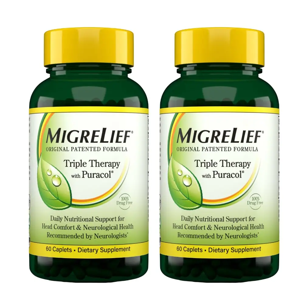 MigreLief Original Triple Therapy with Puracol - Nutritional Support for Migraine Sufferers (2 Pack) | Effective, Non-GMO, USA Made - main product image