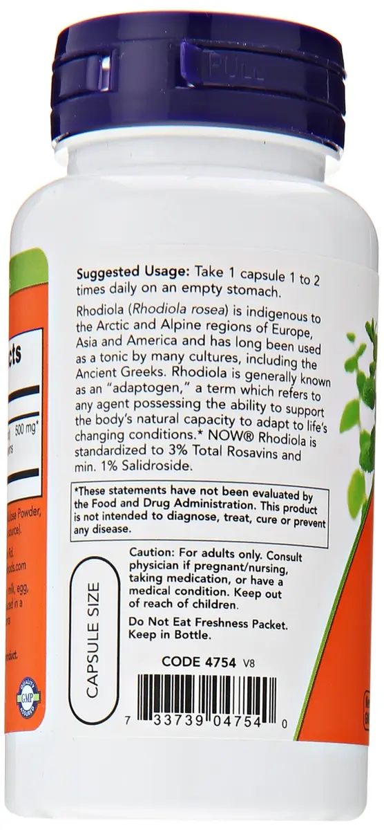 NOW Rhodiola Rhodiola Rosea 500mg | Adaptogenic Stress Support Vegetarian Capsules - view 2