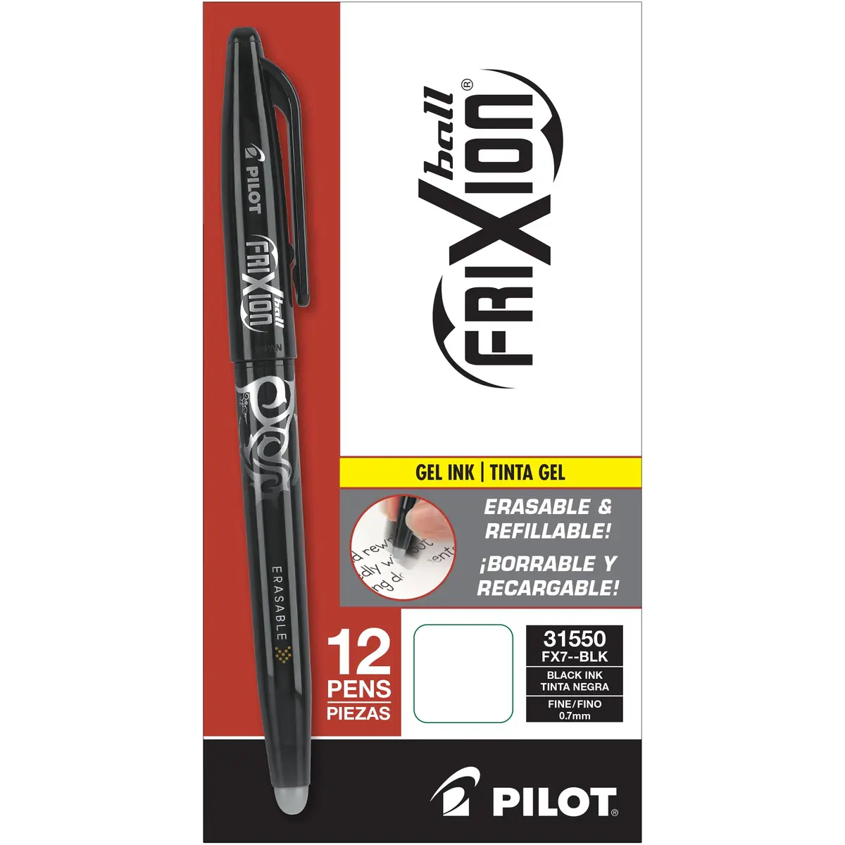 PILOT FriXion Ball Erasable Gel Ink Pen 12-Pack | Fine 0.7mm, Refillable, Black Ink, Office & School Supplies - main product image