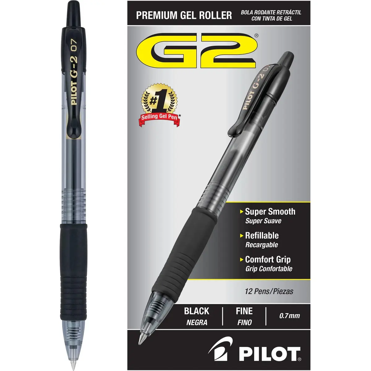 PILOT G2 Retractable Gel Pens, Fine Point 0.7mm, Black Ink, 12-Pack | Smooth Writing, Long-Lasting, Acid-Free - main product image