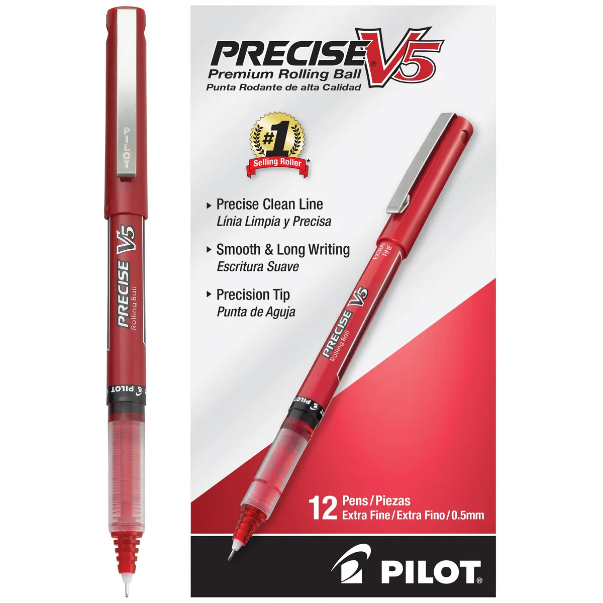 PILOT Precise V5 Stick Pens Extra Fine Point 0.5mm Red 12-Pack | Smooth Liquid Ink Rollerball Pens - main product image