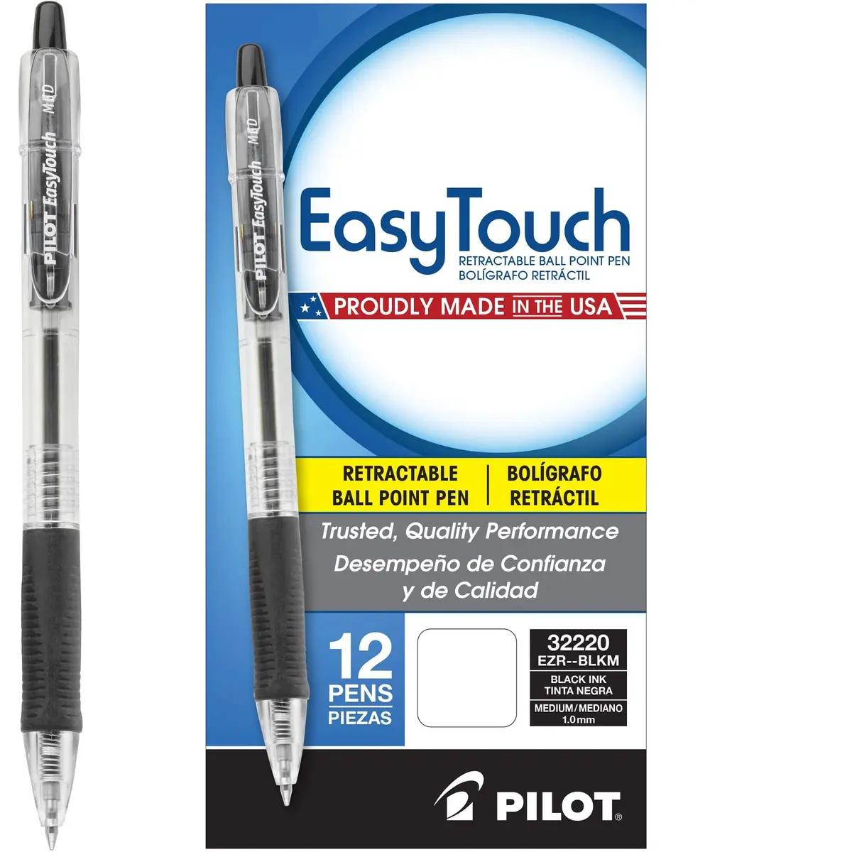 PILOT EasyTouch Ballpoint Pens 12-Pack | Medium Point 1.0mm Black Ink, Refillable, Retractable, Comfortable Grip - main product image