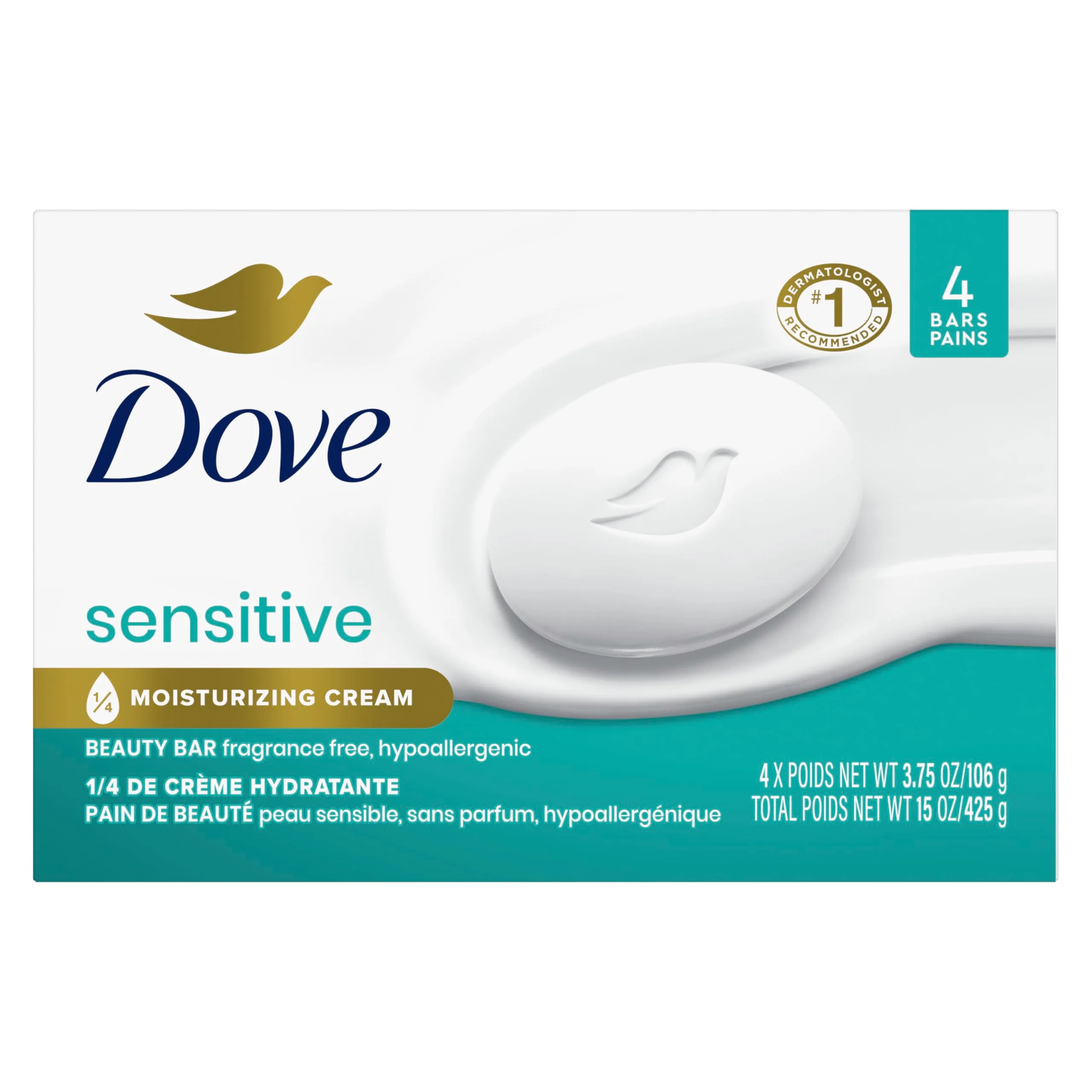 Dove Sensitive Skin Beauty Bar Soap Fragrance Free Hypoallergenic 4 Bars (3.75 oz Each) | Dermatologist Recommended Gentle Cleanser - main product image
