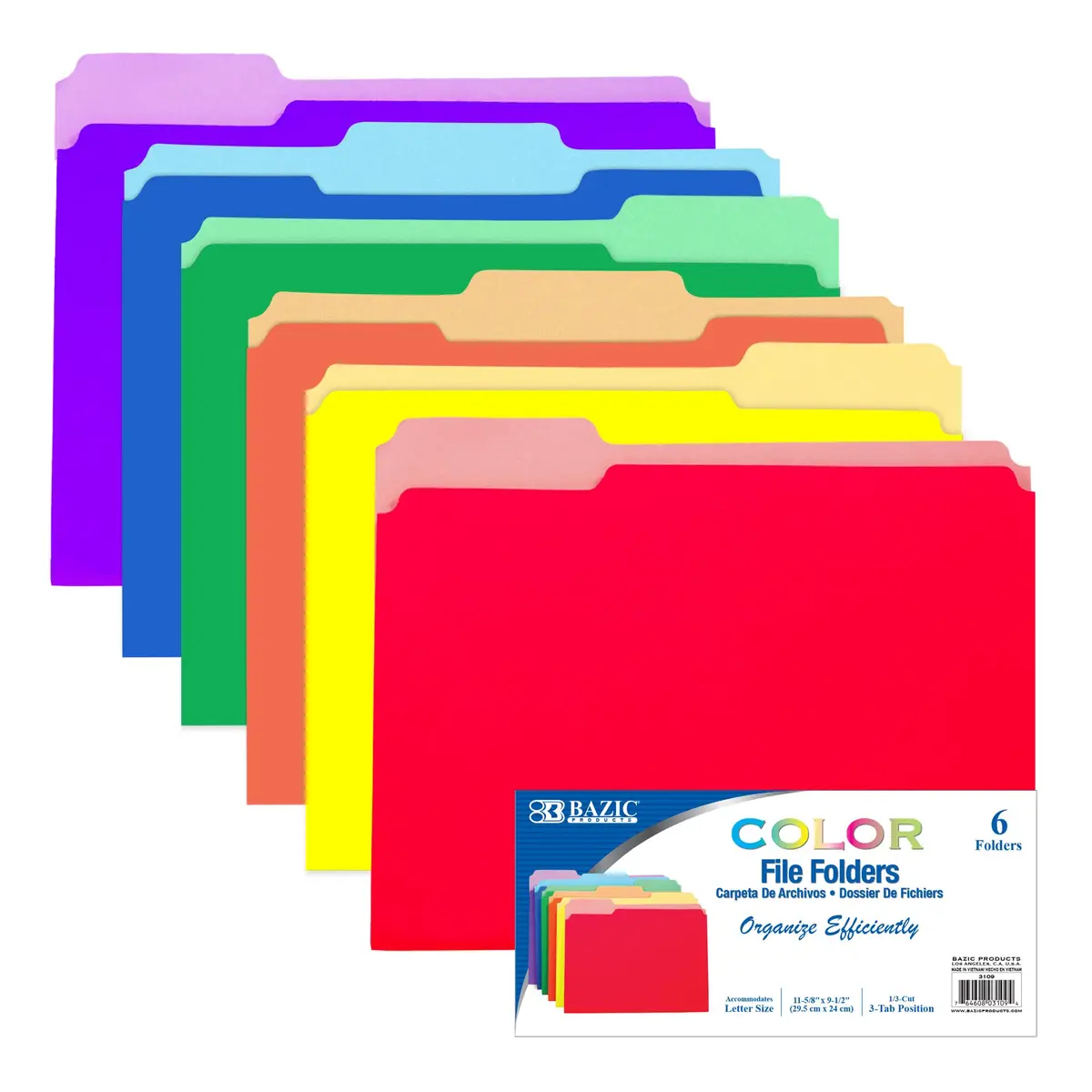 BAZIC PRODUCTS Color File Folders 6-Pack | Assorted Position 1/3-Cut Tabs - main product image