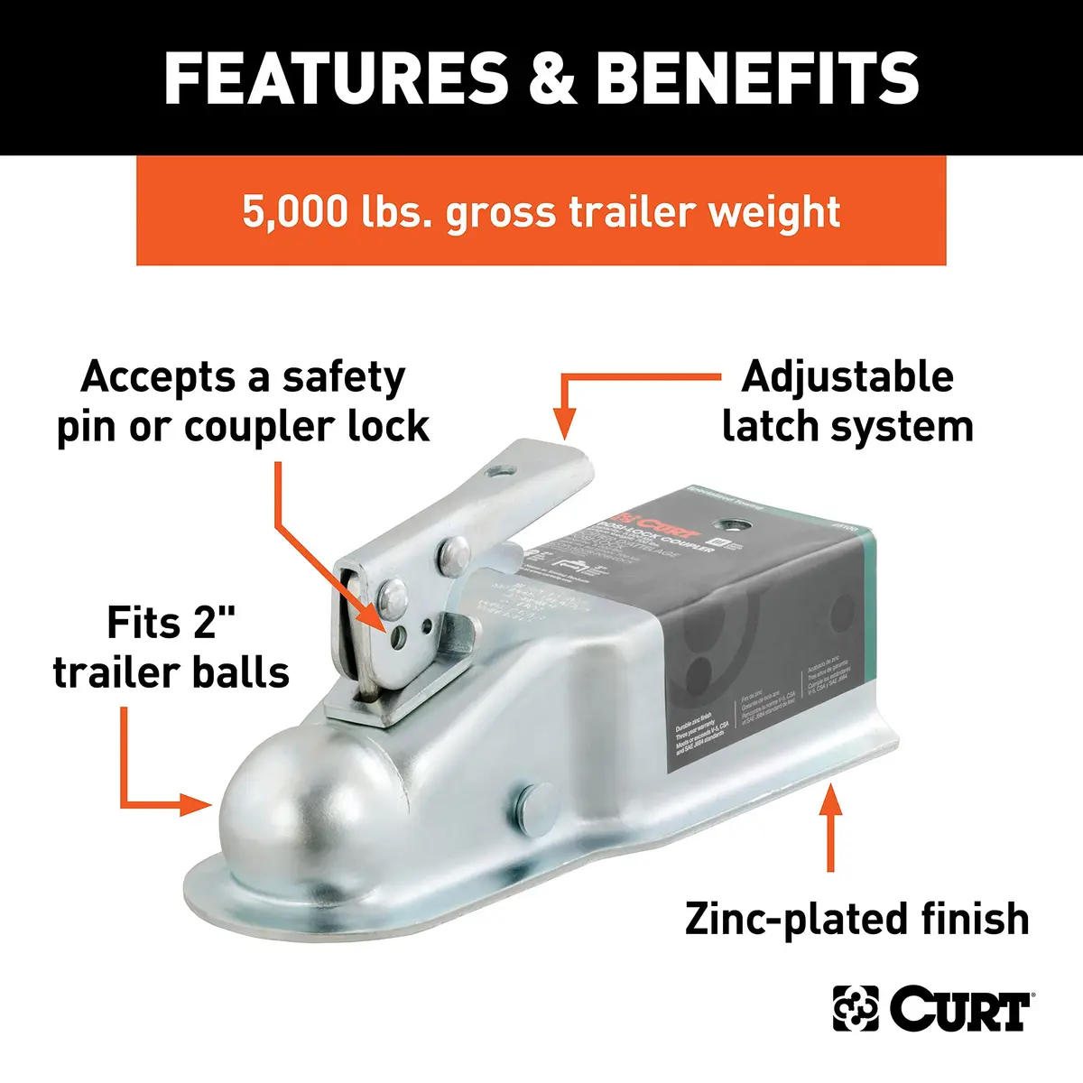 CURT 25100 Straight Tongue Trailer Coupler for 3-Inch Channel | 2" Hitch Ball, 5,000 lbs - view 3