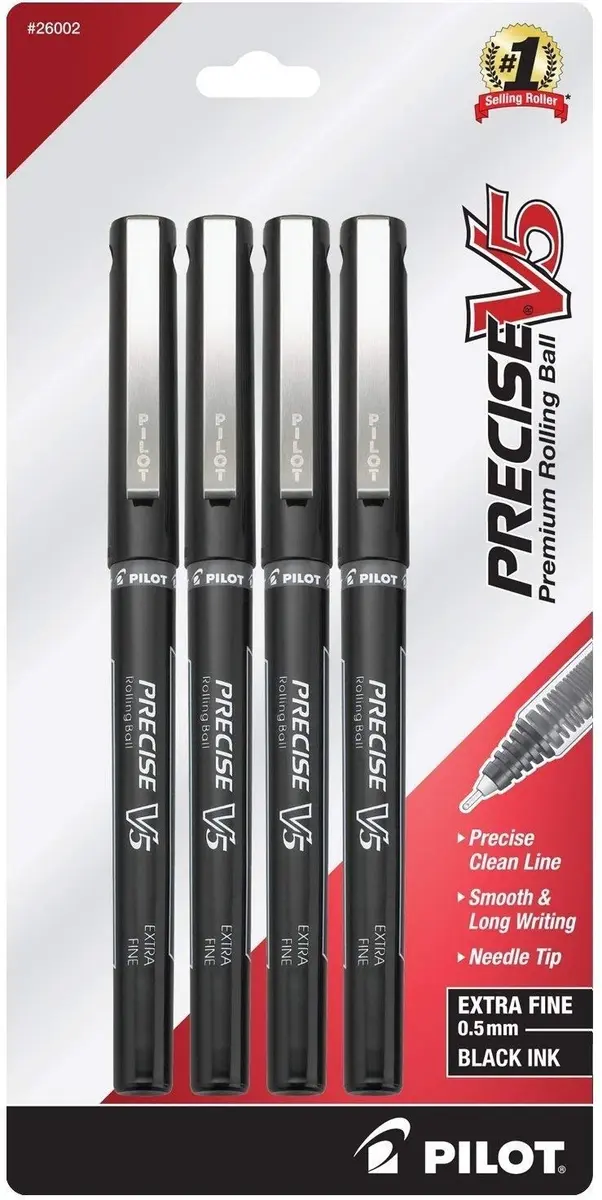 PILOT Precise V5 Stick Pens, Extra Fine Point 0.5mm, Black, 4-Pack | Precise, Smooth Liquid Ink, Extra Fine Tip, Office & School Use - main product image