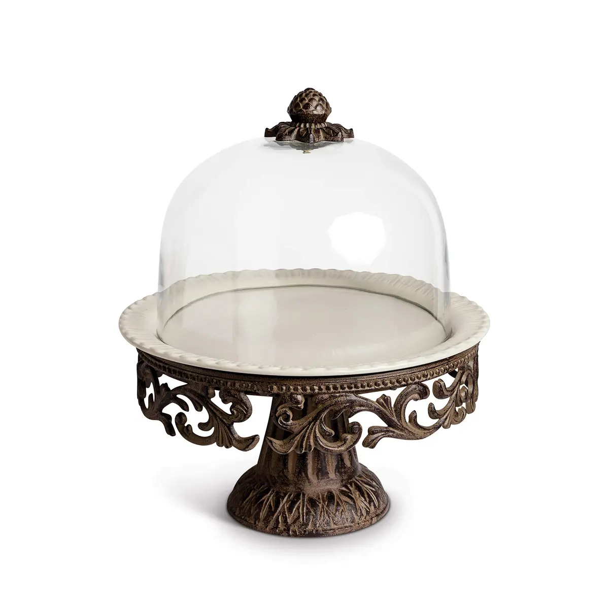 GG Collection Glass Domed Cake Pedestal with Acanthus Leaf Ornate Brown Metal Base and Cream Ceramic Plate | Elegant 14.5-inch Diameter Display - main product image