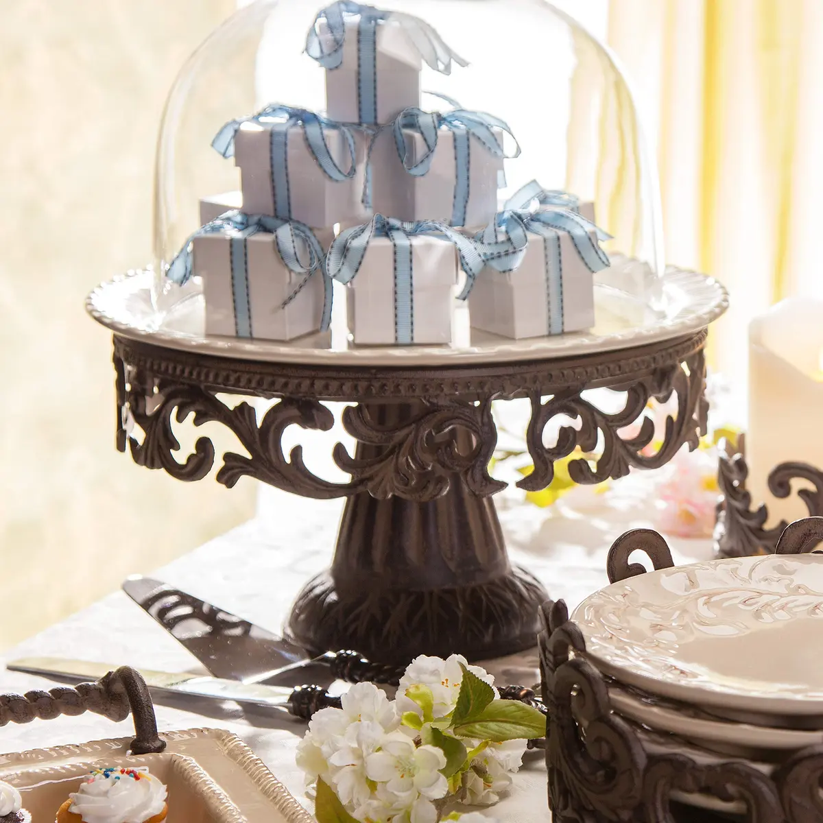 GG Collection Glass Domed Cake Pedestal with Acanthus Leaf Ornate Brown Metal Base and Cream Ceramic Plate | Elegant 14.5-inch Diameter Display - view 7