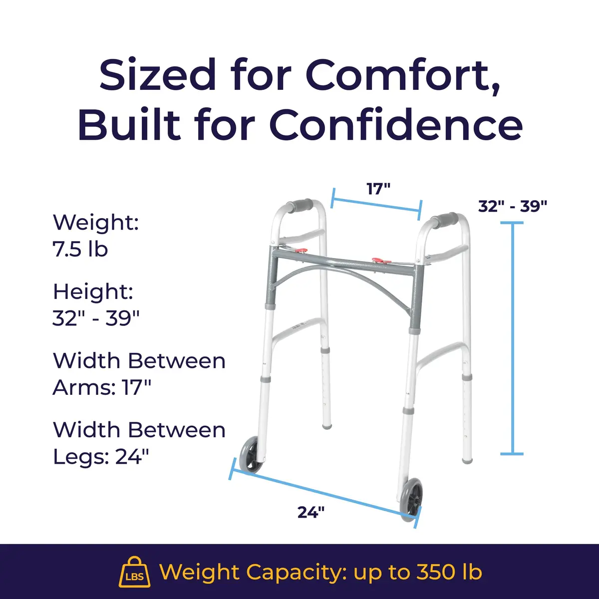 Drive Medical Two-Button Folding Walker with Wheels & Adjustable Height | Lightweight Aluminum Frame - view 7