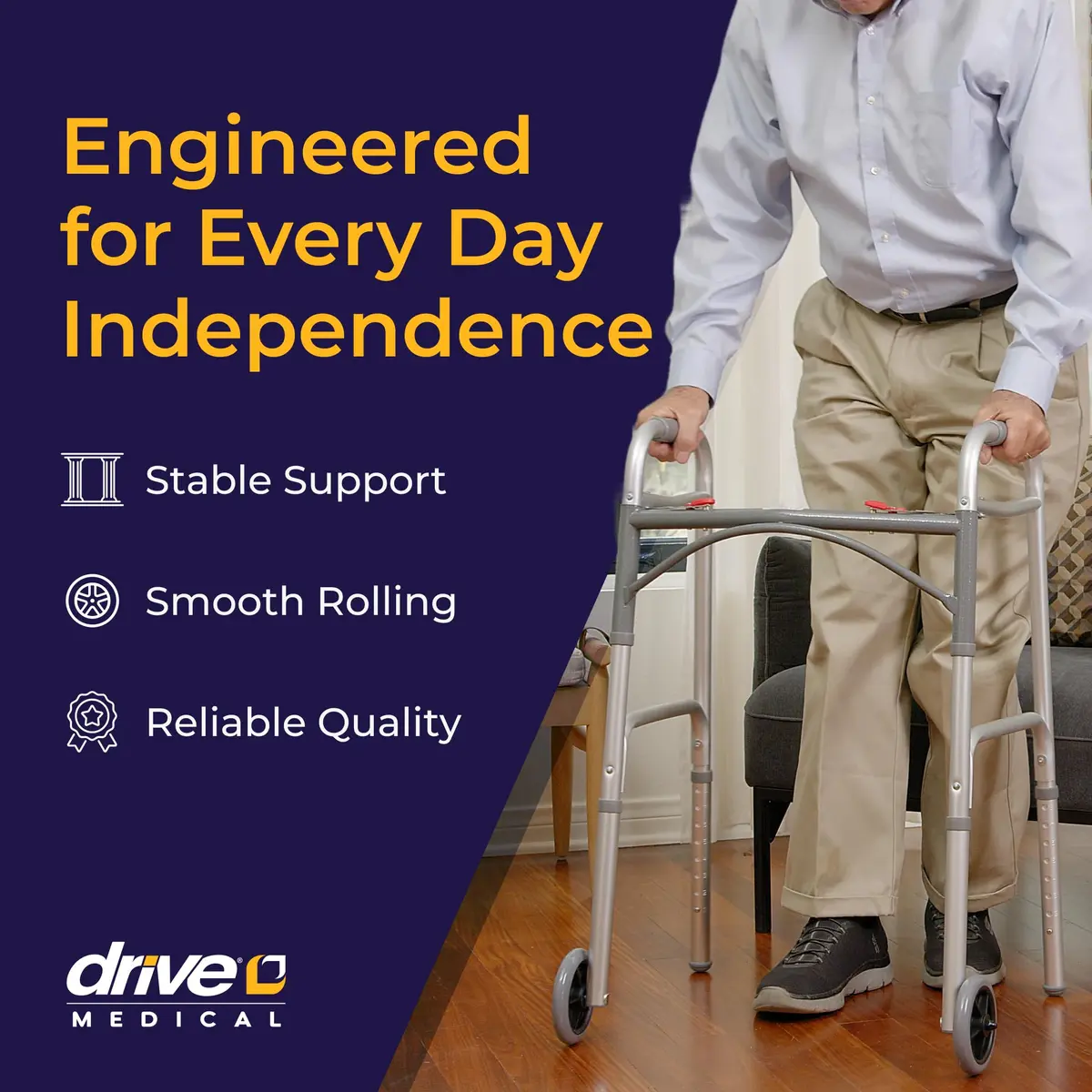 Drive Medical Two-Button Folding Walker with Wheels & Adjustable Height | Lightweight Aluminum Frame - view 2